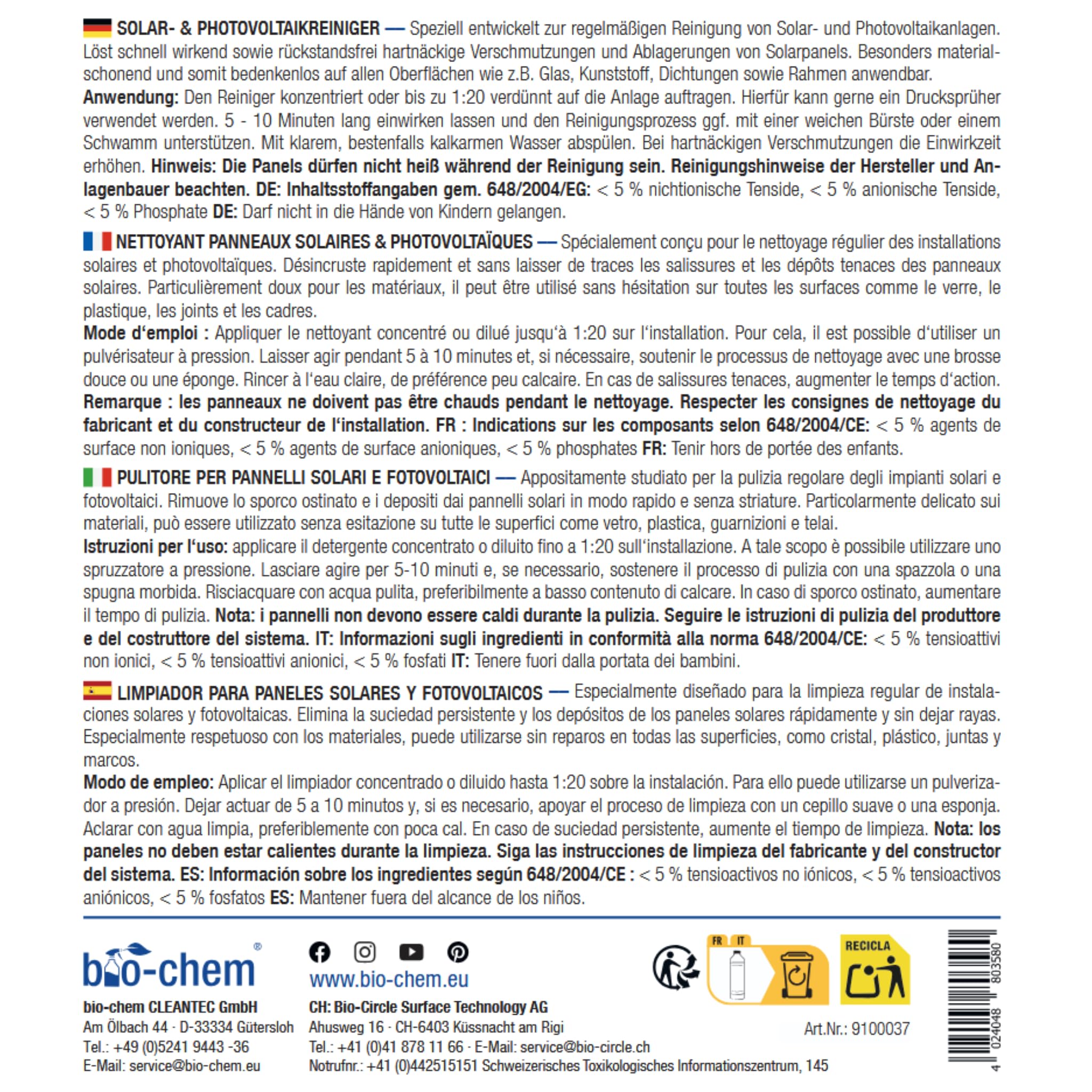 bio-chem Detergente per pannelli solari e fotovoltaici 5L | Diluibile fino a 1:20 – efficace in profondità e delicato sui materiali – Made in Germany
