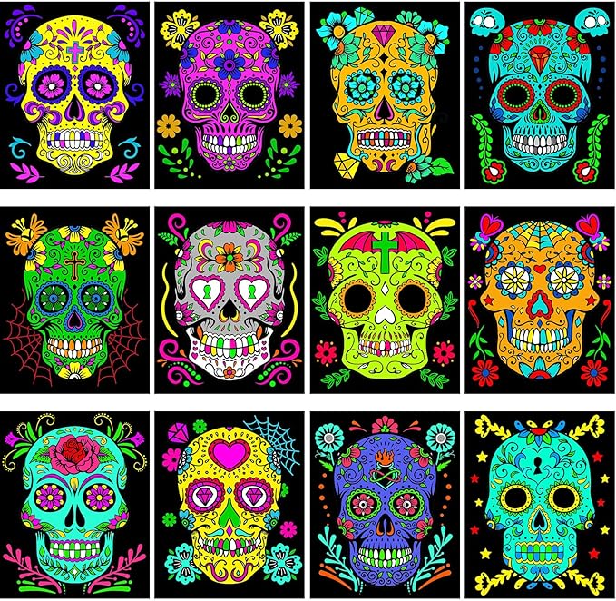 Zhanmai 48 Pcs Sugar Skulls Velvet Coloring Posters Halloween Fuzzy Coloring Sheets Day of the Dead Fuzzy Velvet Coloring Posters DIY Craft Coloring Poster Family Craft Project to Color and Share