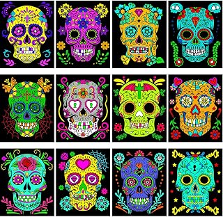 Zhanmai 48 Pcs Sugar Skulls Velvet Coloring Posters Halloween Fuzzy Coloring Sheets Day of the Dead Fuzzy Velvet Coloring Posters DIY Craft Coloring Poster Family Craft Project to Color and Share