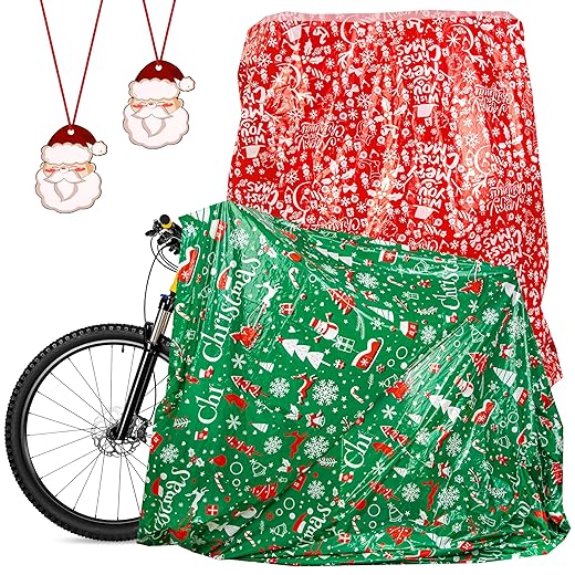 Ayfjovs 2 PCS Giant Gift Bags For Huge Gifts, 80 x 60 Inch Extra- Large Christmas Gift Bag for Bike Bicycles Plastic Big Bags Xmas Large Presents with Tags & String Ties (Red, Green)