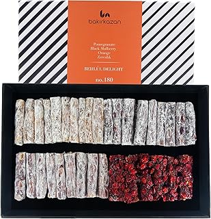 Turkish Delight Behlul by BAKIRKAZAN, Turkish Twist Delights 72 piece Candy 17.06 oz, w/4 Flavors: Orange, Pomegranate, Zereshk Black Mulberry, Luxury Food Gifts, Turkish Delights Assorted Flavors Gourmet, Best Food & Beverage dubai chocolate bar sweets Gifts Option, Lokum,Kadayif Kataifi Vegan Turkish Snacks no.180 turkish candy