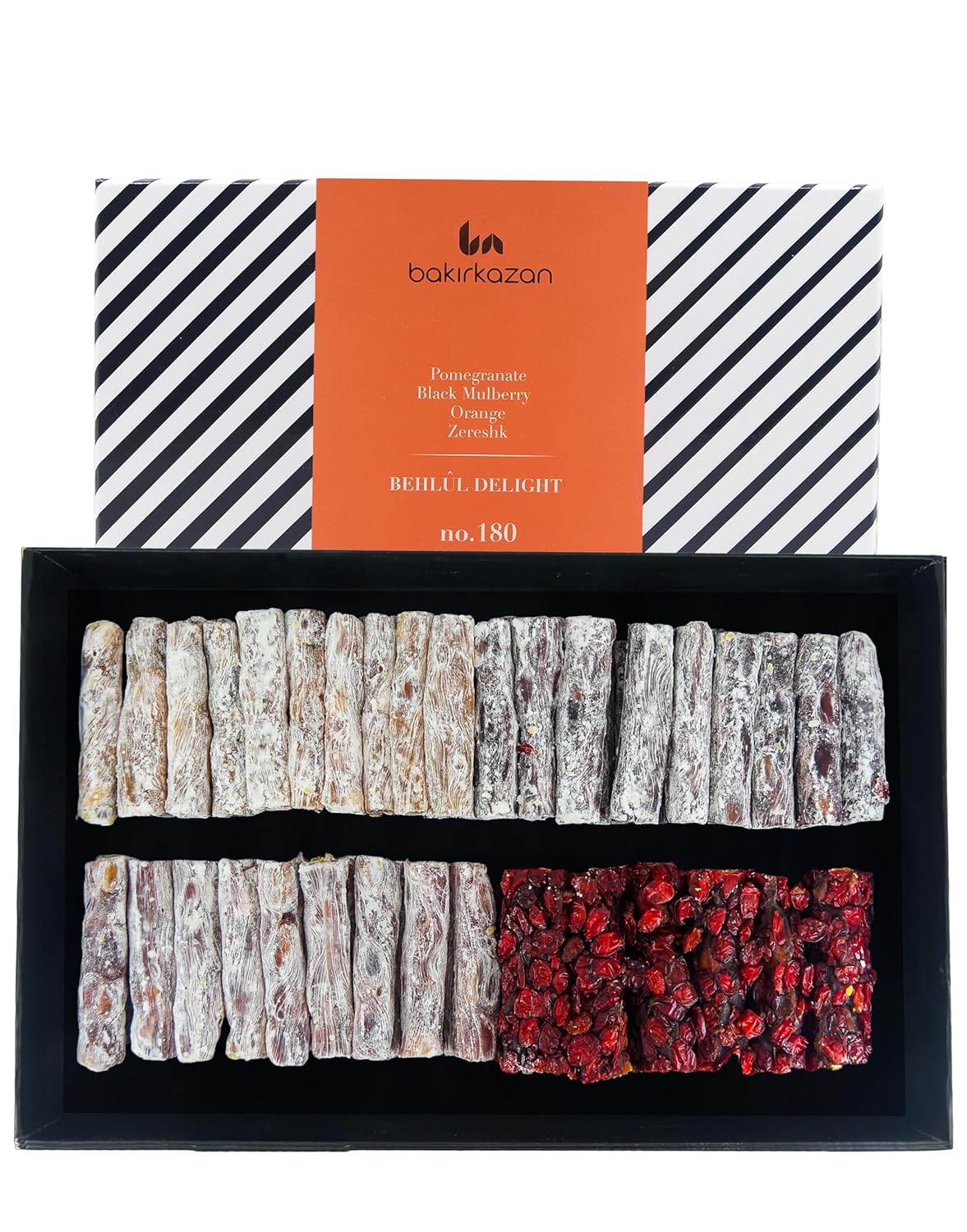 Turkish Delight Behlul by BAKIRKAZAN, Turkish Twist Delights 72 piece Candy 17.06 oz, w/4 Flavors: Orange, Pomegranate, Zereshk Black Mulberry, Luxury Food Gifts, Turkish Delights Assorted Flavors Gourmet, Best Food & Beverage ramadan gift bar sweets Gifts Option, Lokum,Kadayif Kataifi Vegan Turkish Snacks no.180 turkish candy