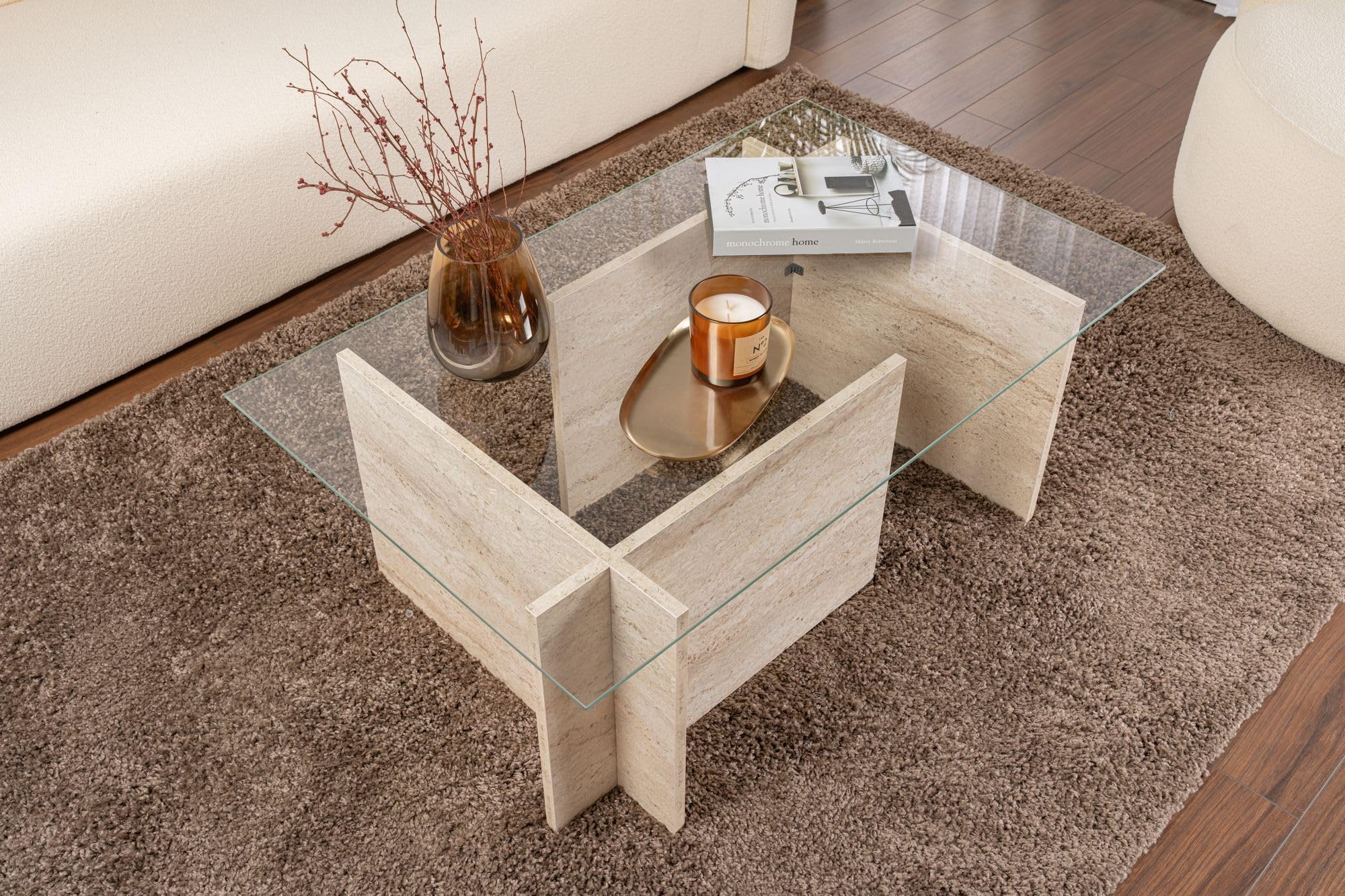 Hanah Home Elegante Mesa de café, Color travertino, 105 x 65 x 40 cm, 100% Vidrio Templado y melamina, Tablero de partículas Recubierto de melamina, 18 mm de Grosor, diseño de mármol Elegante para