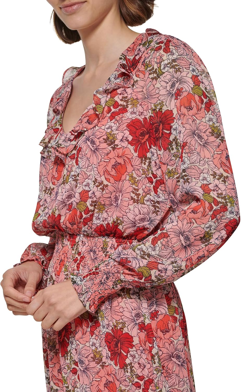 Tommy Hilfiger Women's Long Sleeve V-Neck Ruffle Trim Smocked Chiffon Midi Dress