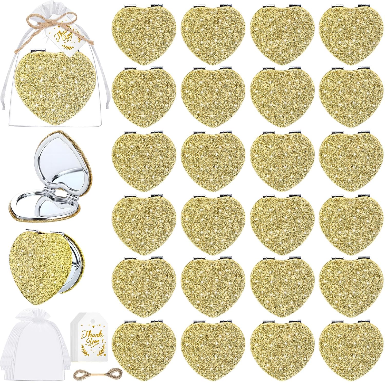 RattanView 24 Sets Heart Compact Mirror Gifts Bulk with Thank You Tags and Organza Bag for Women 1x/2x Magnification PU Leather Makeup Mirror with Glitter for Wedding Bridal Shower Party Favor
