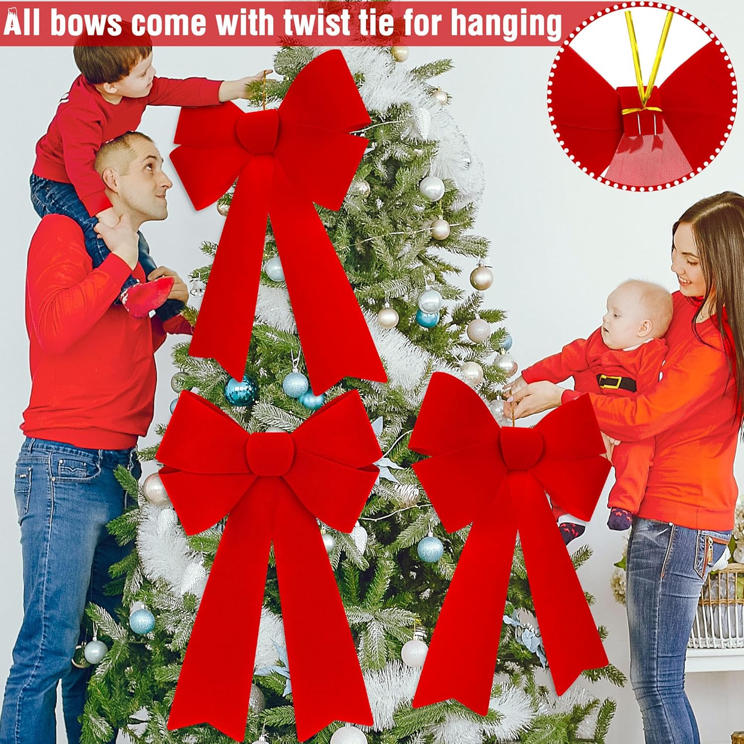 20 PCS Red Velvet Bows for Christmas Tree, Hanging Christmas Decorations Bows, Plastic 12x18 In Large Christmas Tree Bow for Xmas Decorations Outdoor Fence Stairs Wreath Railing Door Decor Supplies