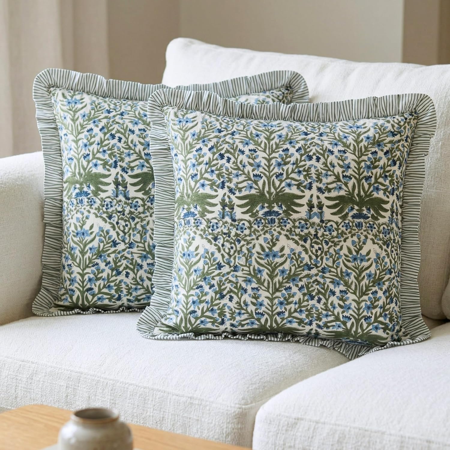 ATOSII Hand Block Printed 100% Cotton Ruffle Throw Pillow Covers, SET OF 2, Decorative Cushion Covers for Sofa, Couch, Bed, Living Room, Bedroom Home Decor for Spring Summer, 18 X 18 Inch, Nargis Blue