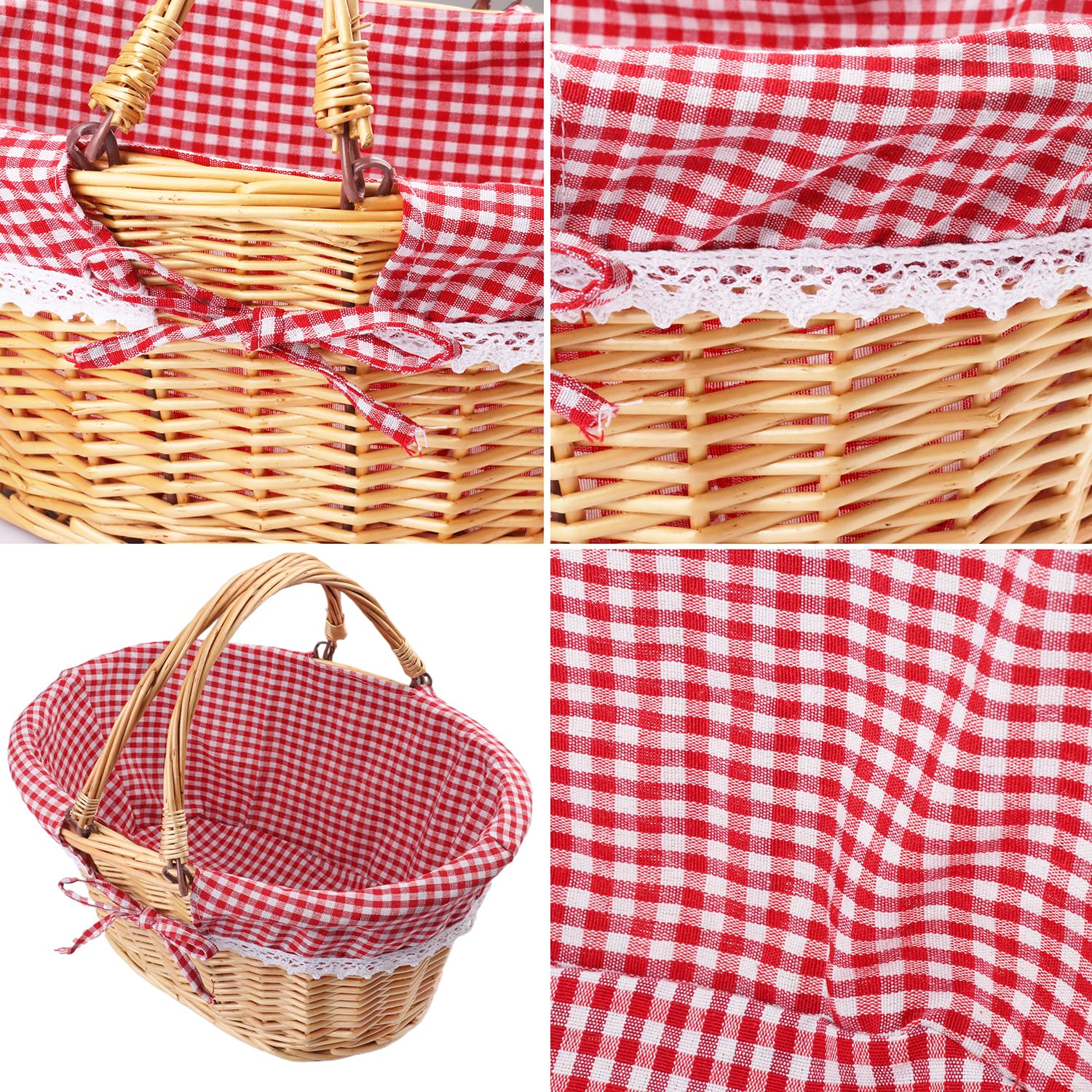 GNIEMCKIN 1 cestino in vimini da 35,5 cm con manico, cestino da picnic in vimini con fodera a scacchi, cestino ovale in vimini intrecciato per frutta, vino, matrimoni, picnic