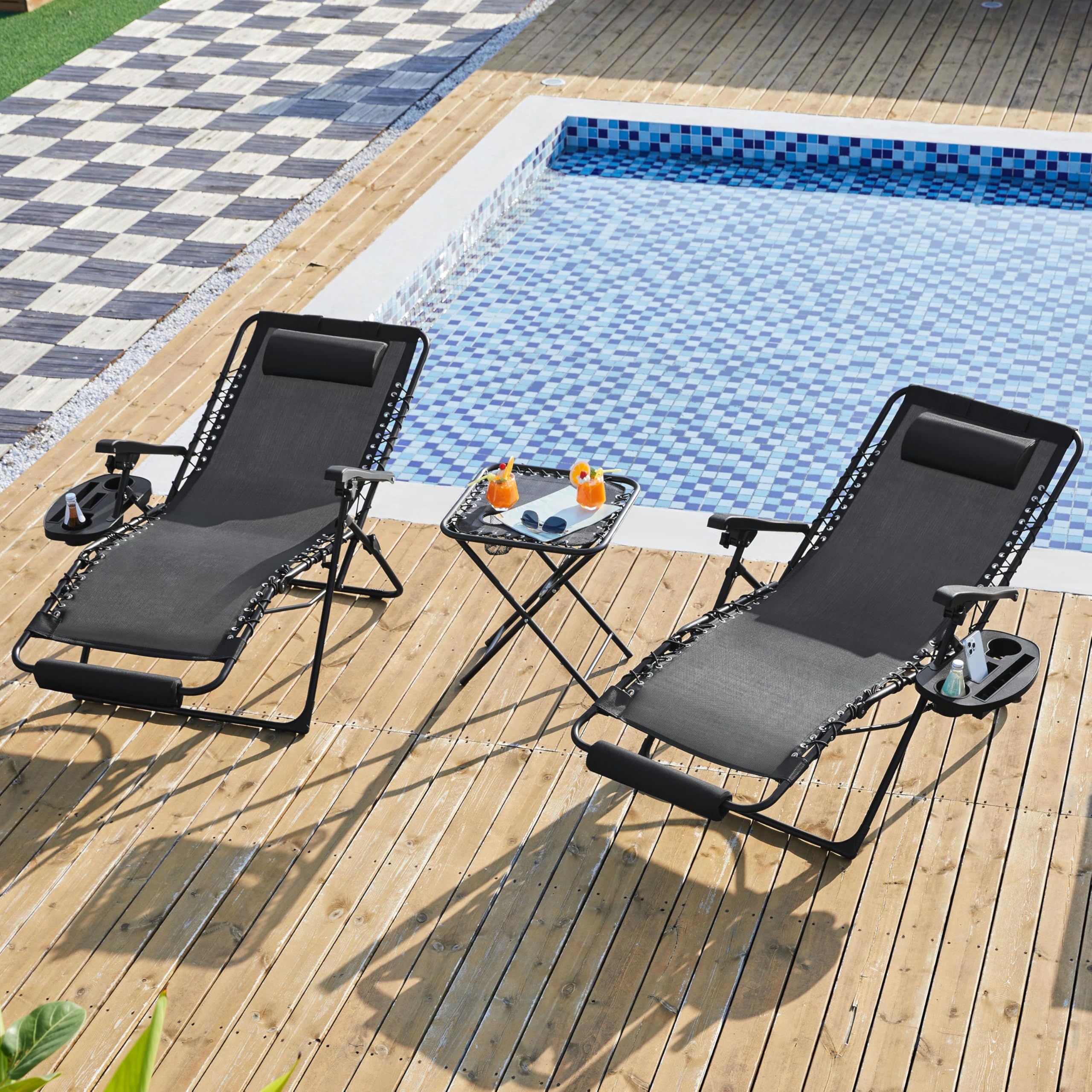 Yaheetech Tumbona Plegable y Resistente, Tumbonas Jardin Exterior, Capacidad de Carga 200kg, Tapizado Ergonómico, Respaldo Ajustable, Cojín Cervical, Portavasos y Cojín, Gris Oscuro/Negro