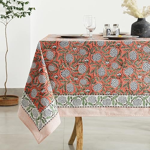 Miniatura 9 de Labhanshi Mantel rectangular de lona prelavado con estampado floral indio a mano, 100% algodón, 72 x 135 pulgadas, funda decorativa grande de 10