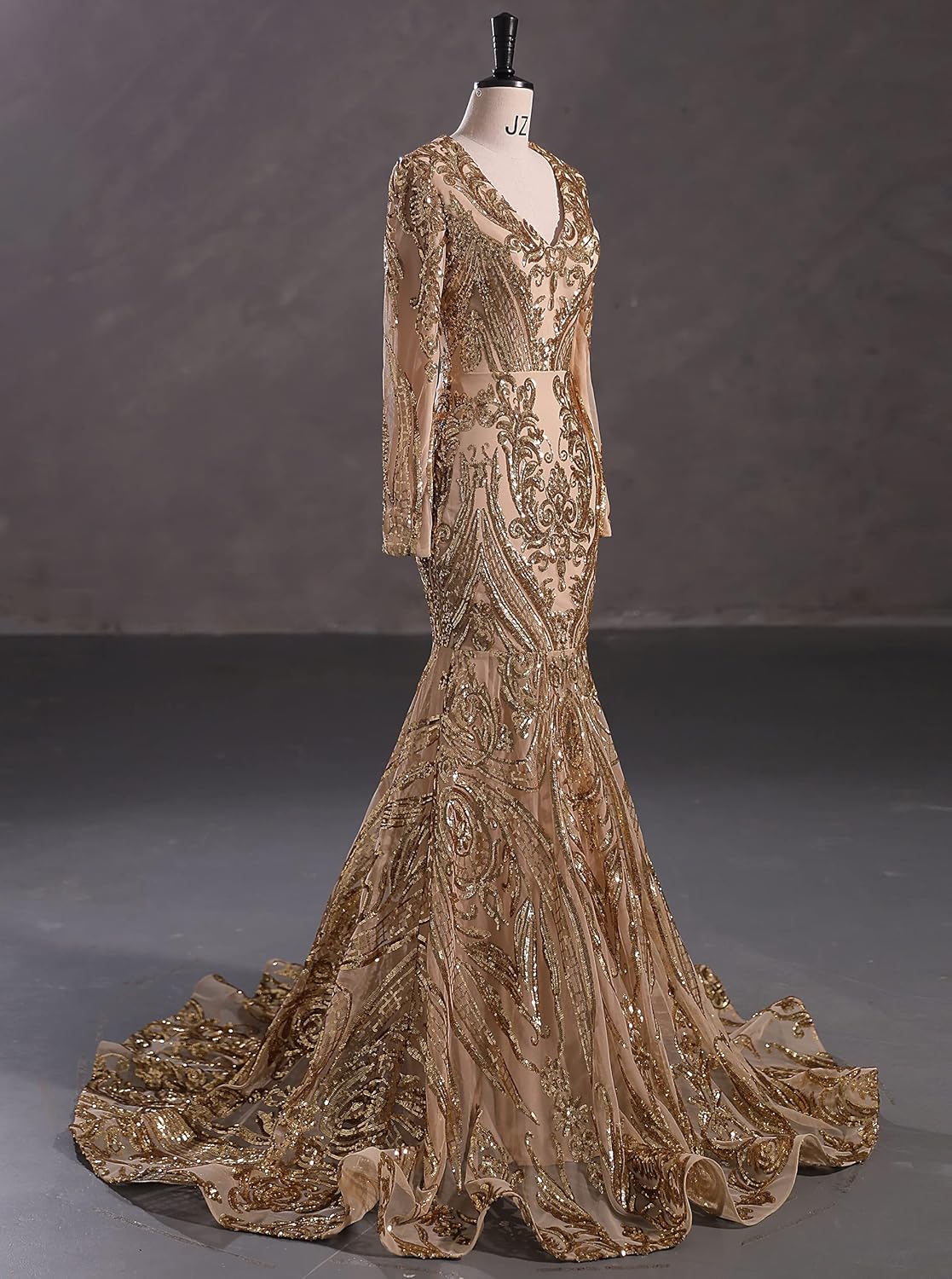 Women's V-Neck Sequins Long Sleeves Mermaid Formal Evening Dress - Image 3