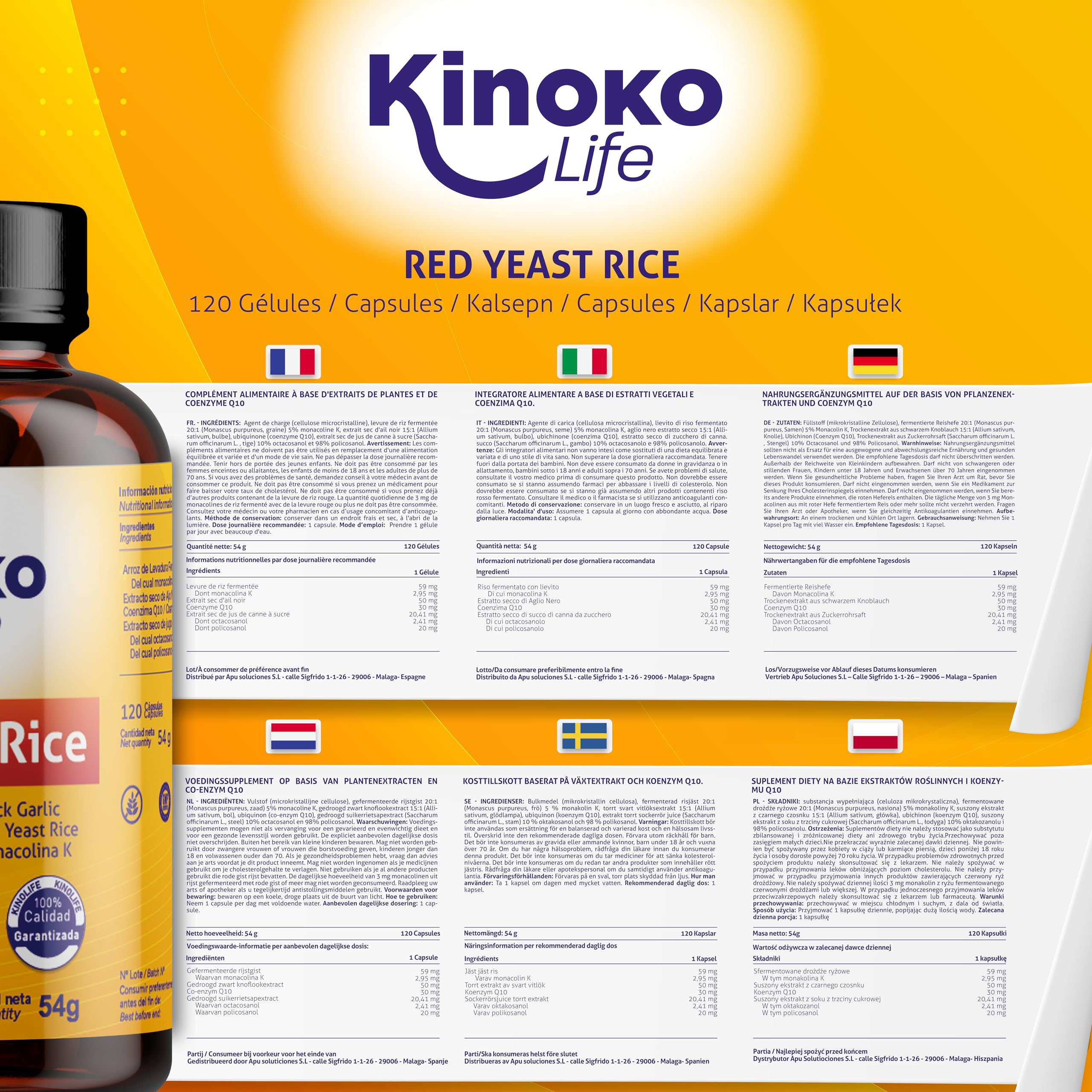 Lievito di Riso Rosso Fermentato (Monascus purpureus) con Coenzima Q10 30 mg, con Policosanolo e Aglio Nero, 120 Capsule Vegan, Senza Magnesio Stearato