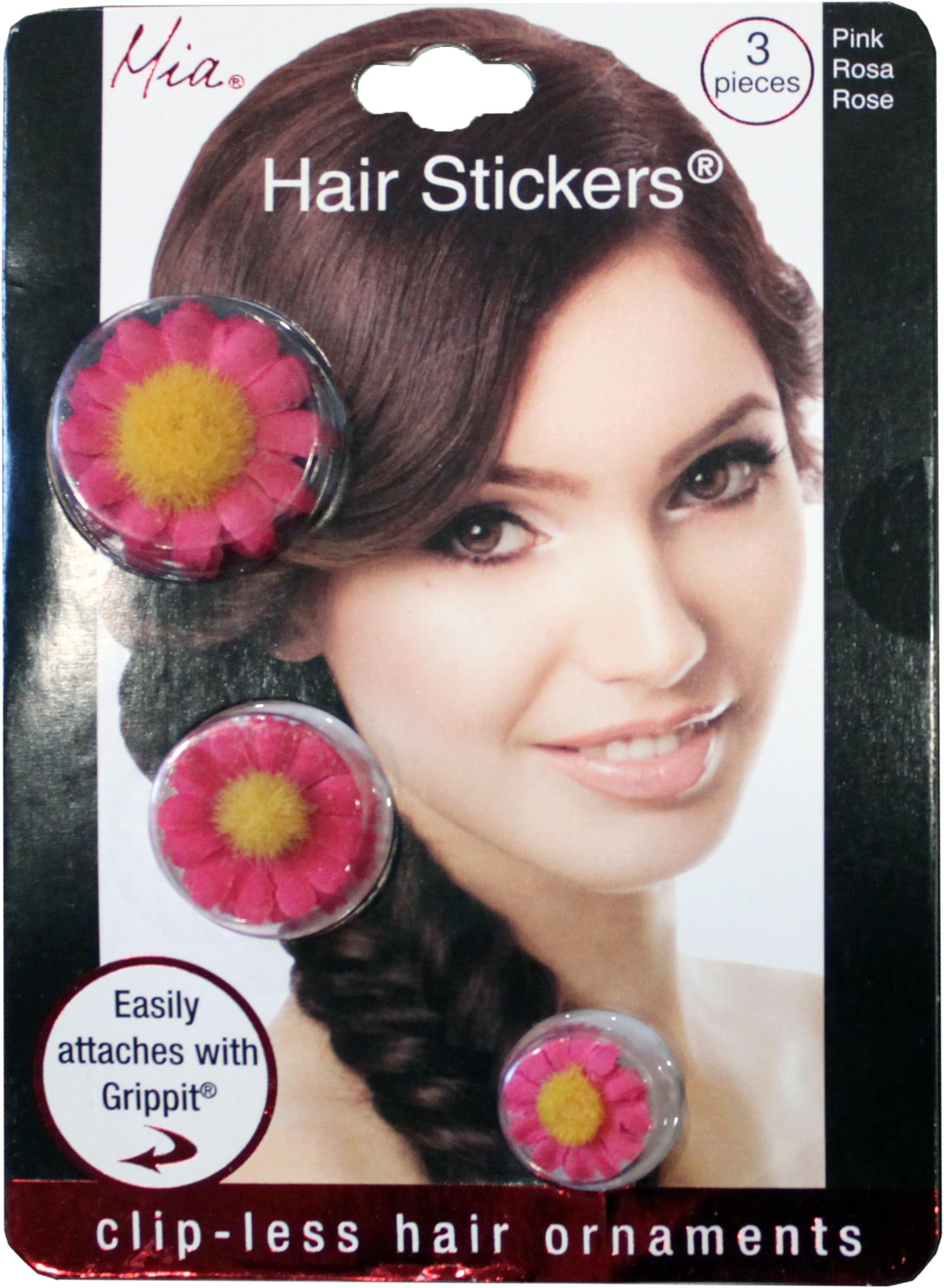 Mia Hair Stickers-Pretty"Clip-Less" Small Hair Ornaments That Stick To The Hair With Grippit Material-Beautiful Hot Pink Daisies-Measures 1”, 0.75", 0.5" (3 pieces per package)
