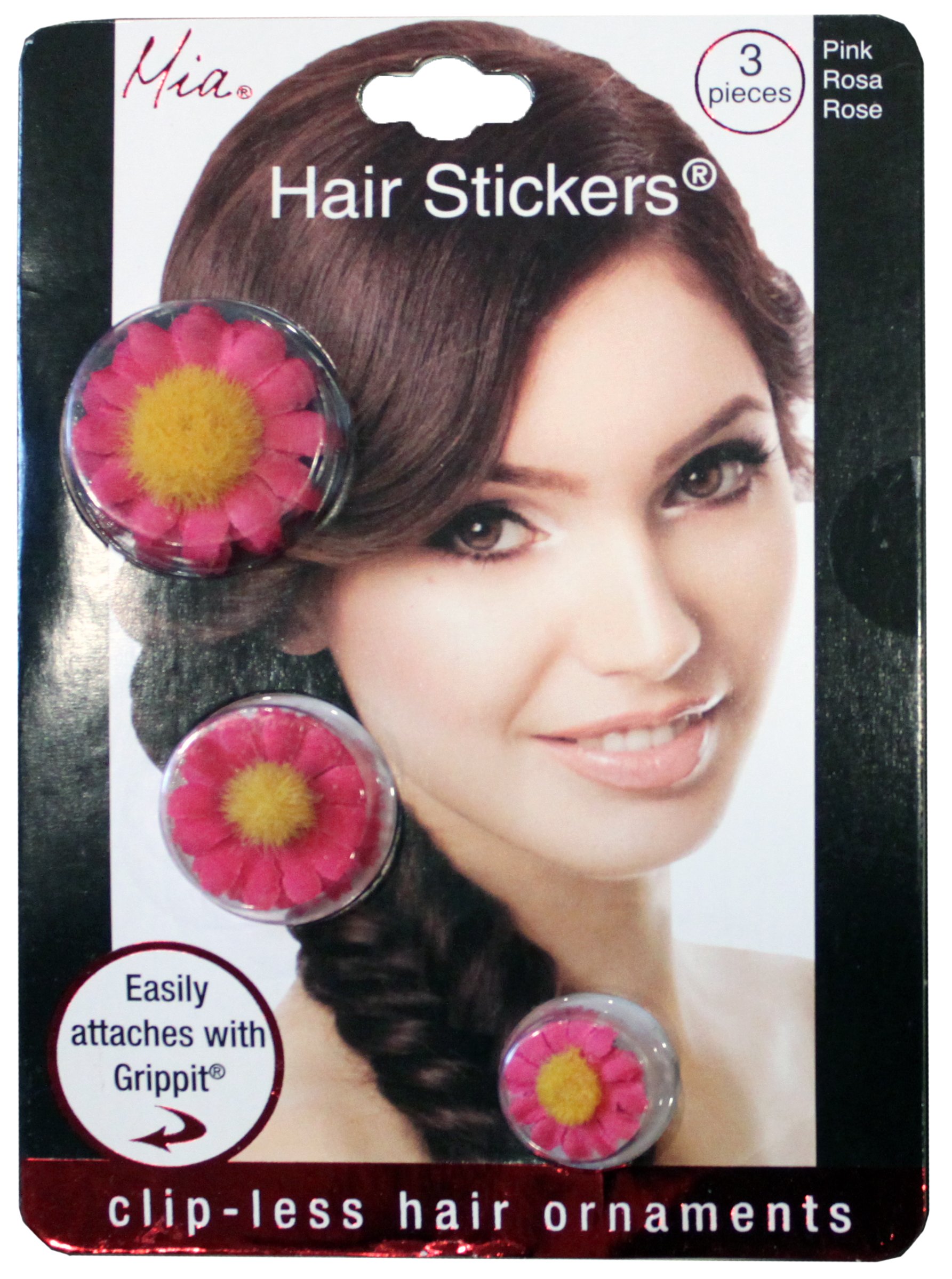 Mia Hair Stickers-Pretty"Clip-Less" Small Hair Ornaments That Stick To The Hair With Grippit Material-Beautiful Hot Pink Daisies-Measures 1”, 0.75", 0.5" (3 pieces per package)