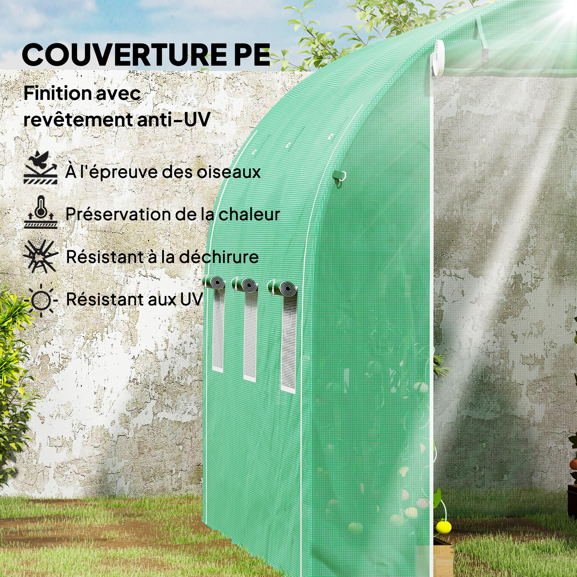 Outsunny Szklarnia ogrodowa, 6 m², 3 x 2 m, 1 drzwi + 2 zwijane ściany boczne, 6 okien, stal ocynkowana PE o wysokiej gęstości, 140 g/m², ochrona przed promieniowaniem UV, zielona