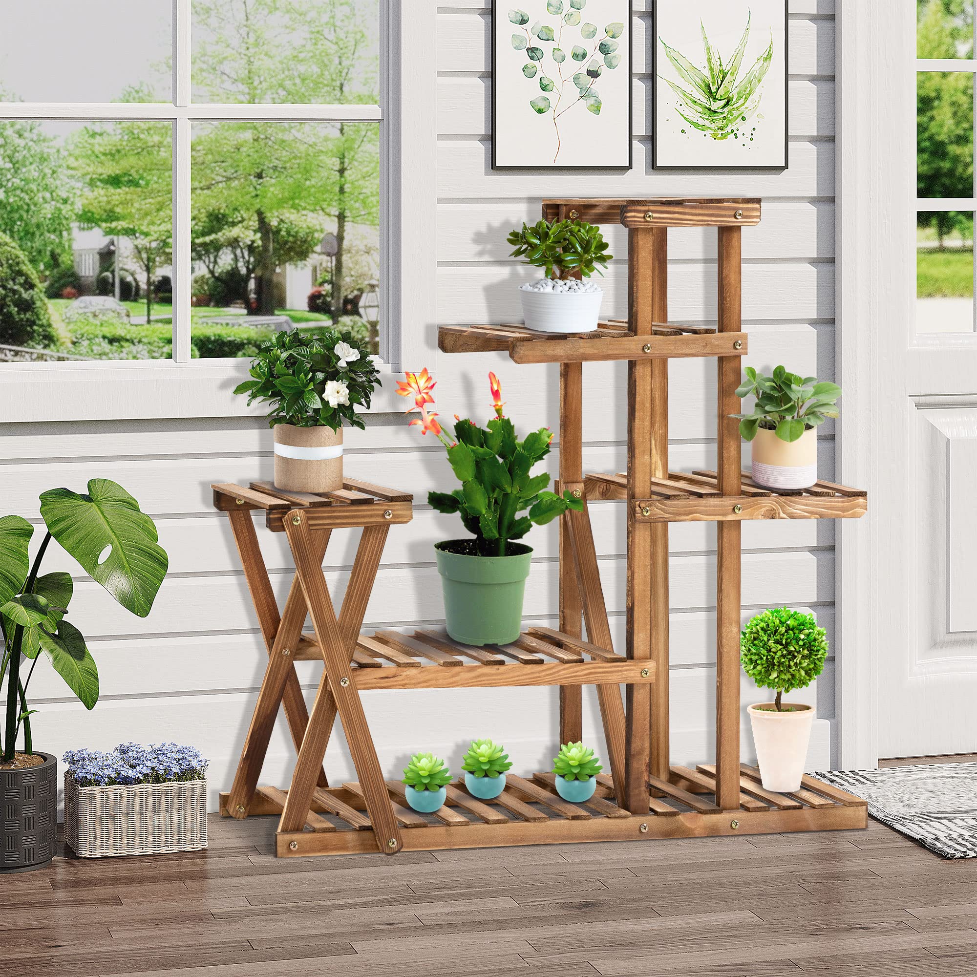 Outsunny Étagère à Fleurs en Bois Supports de Pots Porte Plante Bois 6 tablettes - dim. 98L x 28l x 95H cm - Bois de Sapin traité carbonisation pour Intérieur Jardin Terrasse Balcon