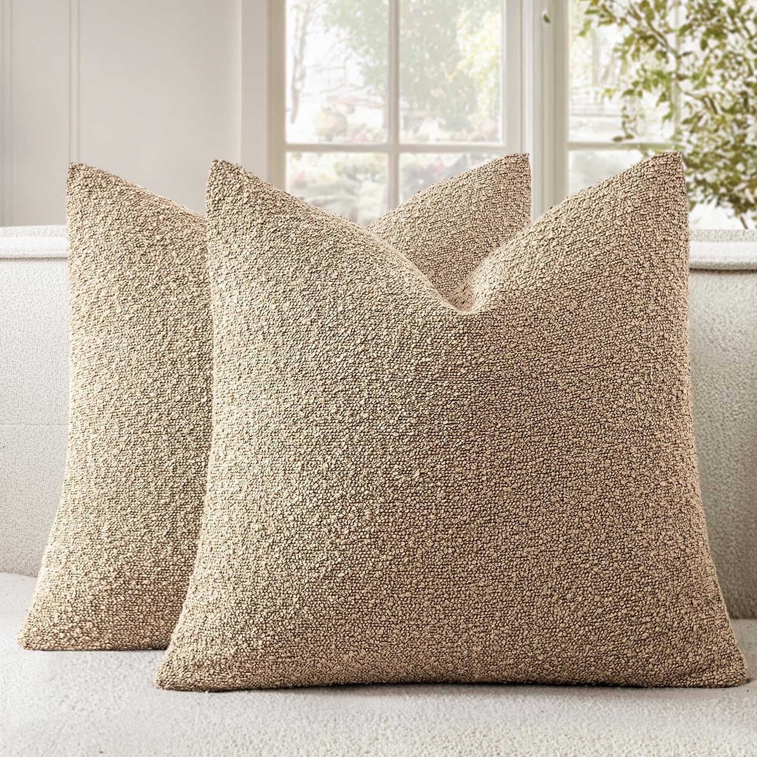 Woaboy Pack of 2 18x18 Inch Decorative Boucle Throw Pillow Covers Textured Square Pillowcaes Accent Solid Cozy Soft Cushion Covers Home Decor for Sofa
