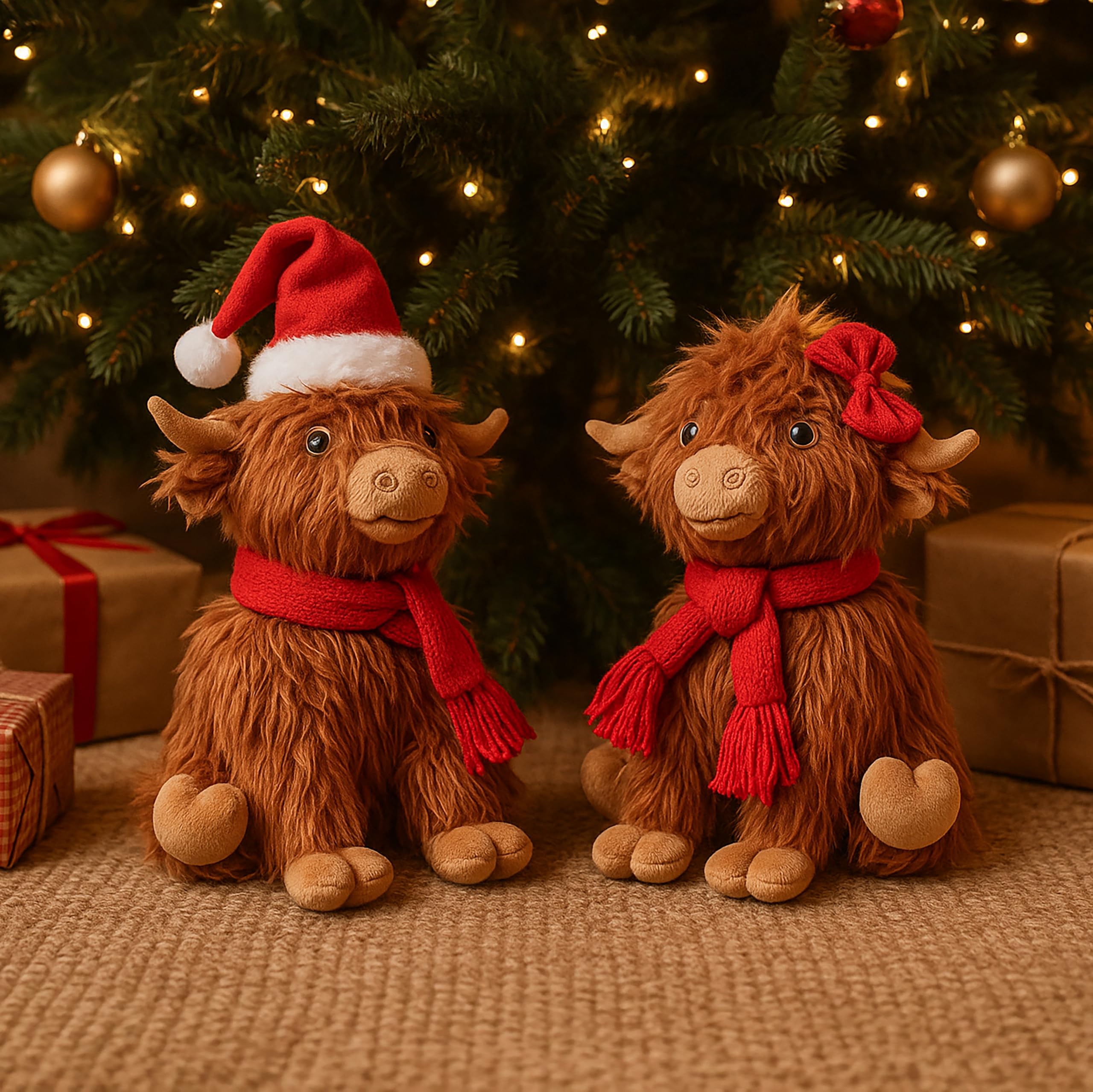 Marco Paul Highland Cow Christmas Decorations Set - 33cm Santa Hat Cow & 28cm Red Scarf Cow - Freestanding Festive Plush Highland Cow Ornaments for Xmas Home Décor, Mantels & Seasonal Displays