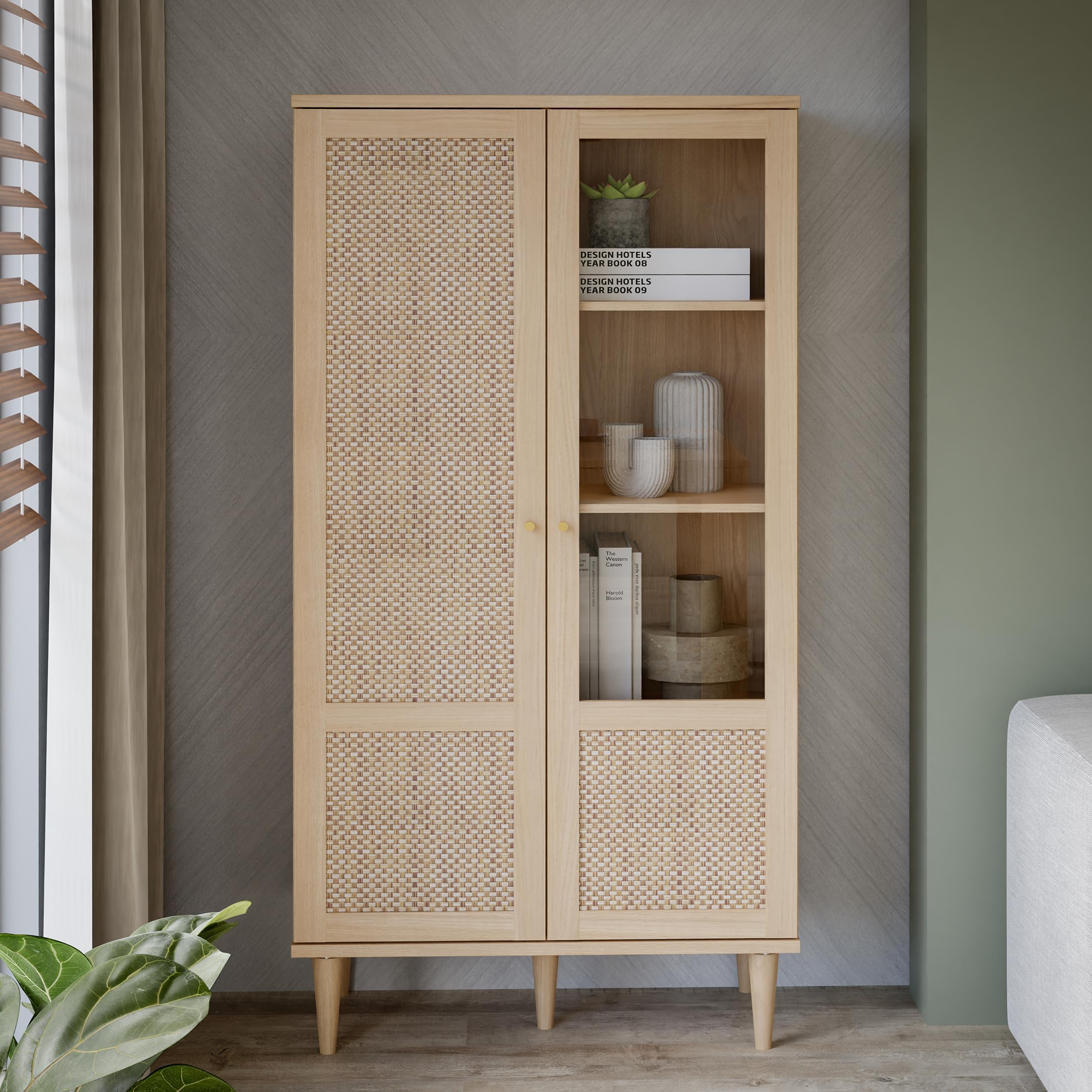 Forte CALASETTA Vitrine 80, Boho-Vitrinenschrank mit Rattangeflecht, 2-türig, Holzwerkstoff, Elegancia Eiche | Technorattan, 80,1 cm breit x 166,6 cm hoch x 41,4 cm tief