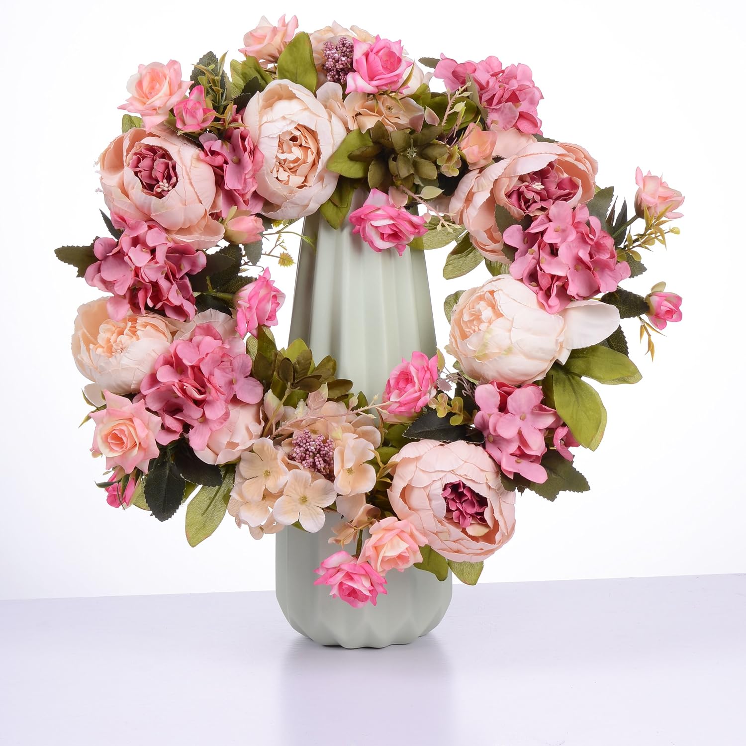 Lvydec Artificial Peony Flower Wreath - 15" Pink Flower Door Wreath Spring with Green Leaves for Front Door, Wedding, Wall, Home Decor - Image 6