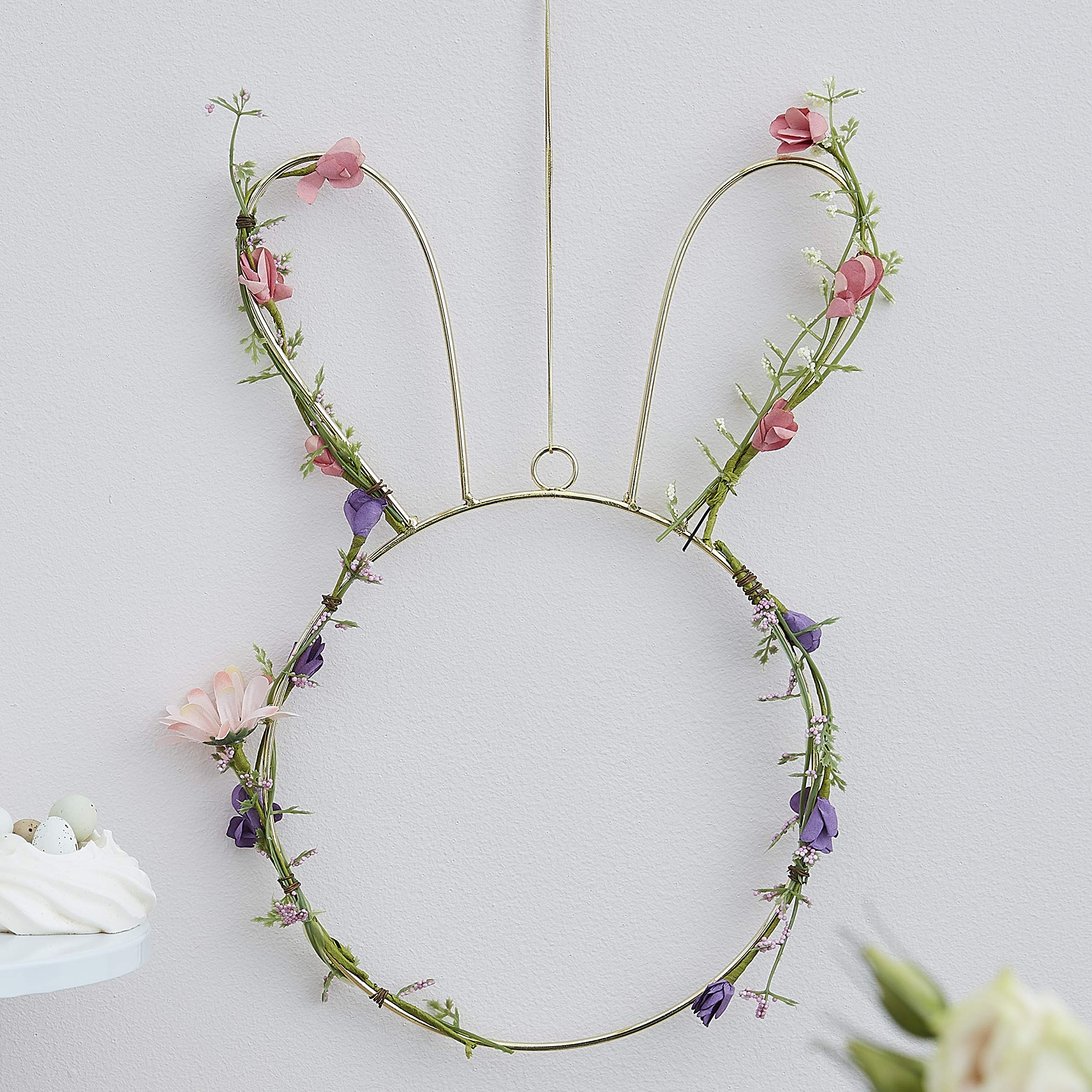 Ginger Ray Easter Bunny Shaped Spring Wreath with Foliage & Pastel Flowers 32cm