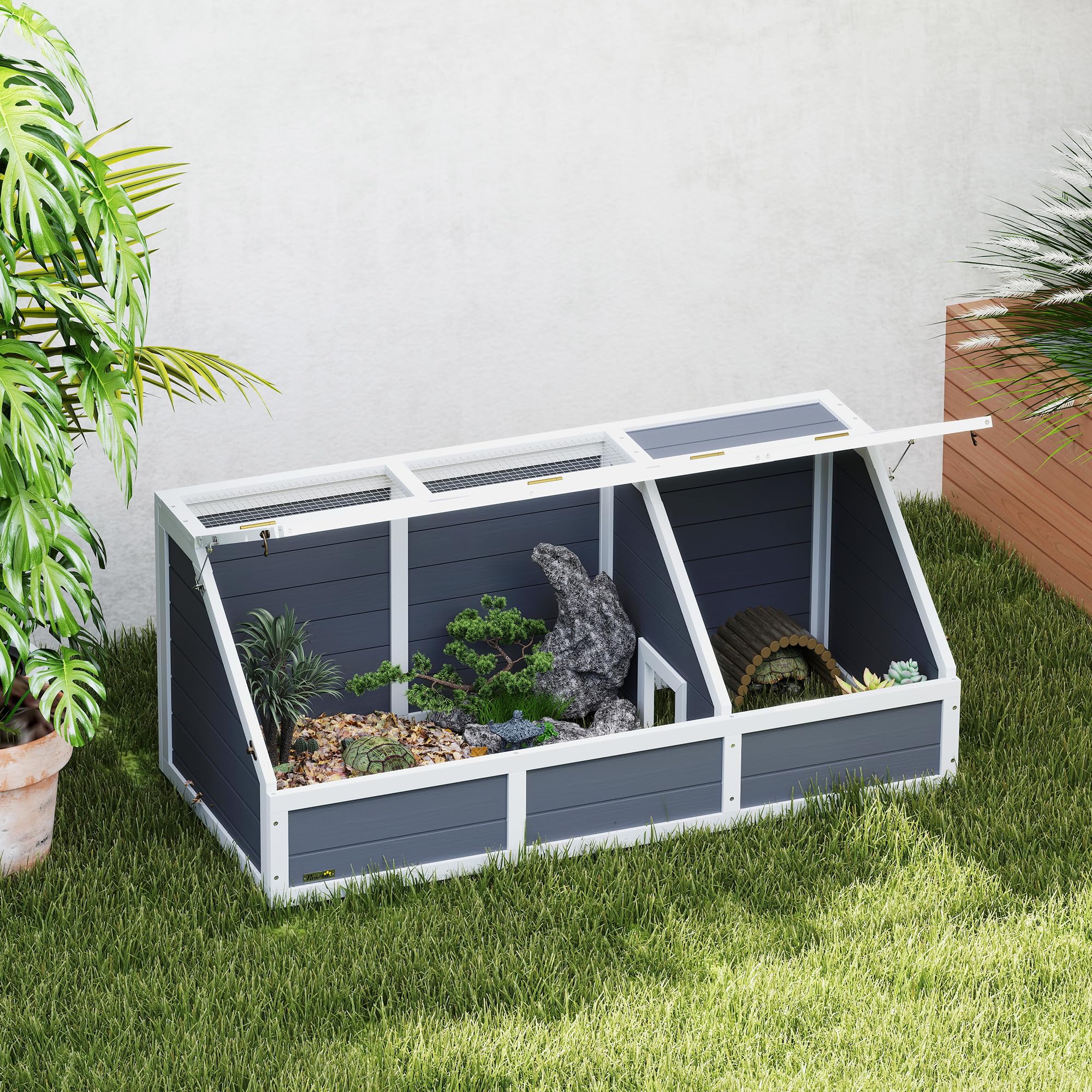 PawHut Casa para tortugas terrapín sin suelo con panel de apertura y 2 espacios separados, Casa para tortugas de abeto y acero galvanizado, 120x55x50A cm, gris claro y blanco | Sin pavimentación, panel abatible, 2 espacios separados, casa terrario tortuga