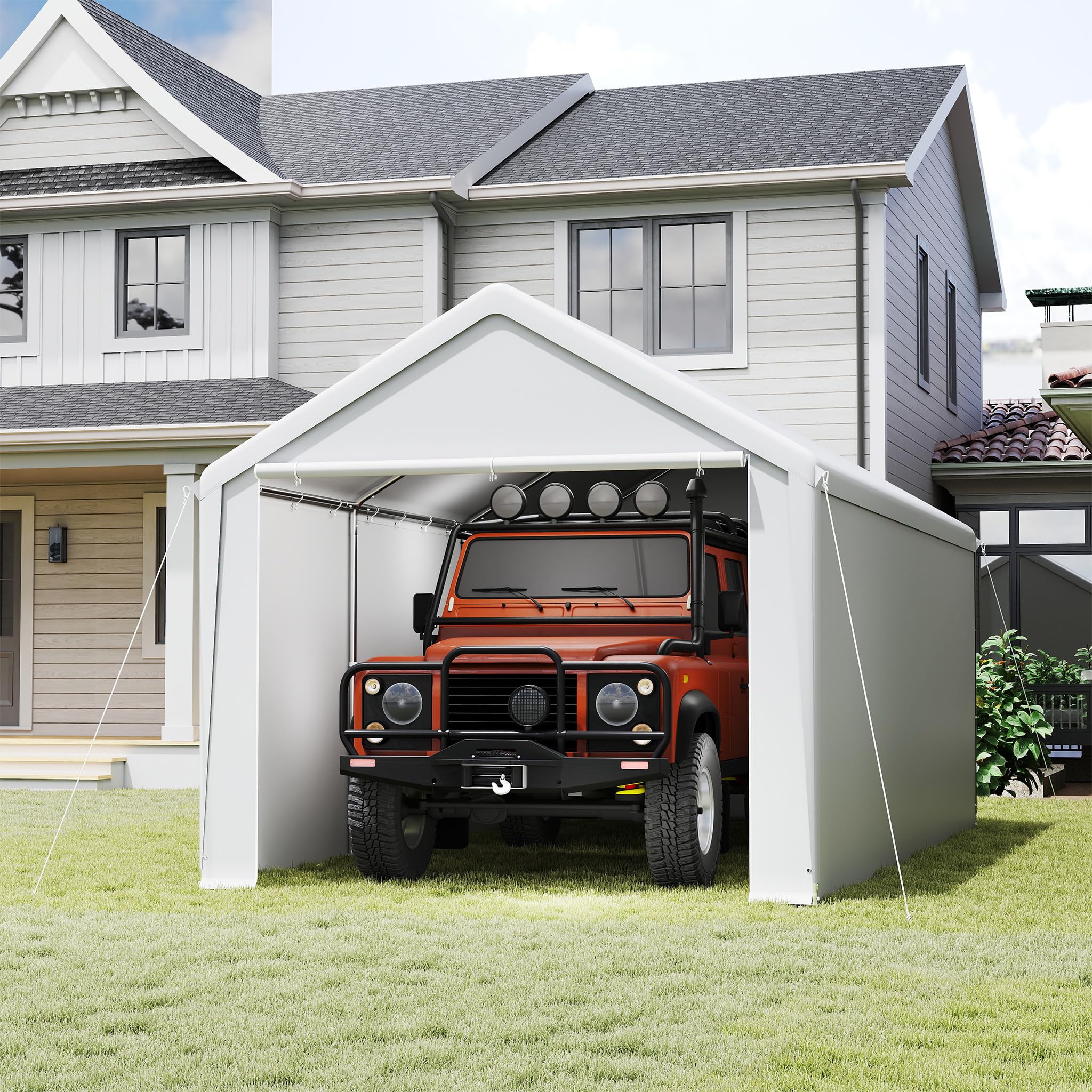 LZQ Tente de garage, 3 x 6 m, avec bâche en polyéthylène, renforcement du toit, parois latérales amovibles, cadre de sol, abri robuste pour voiture, SUV, camion (blanc)