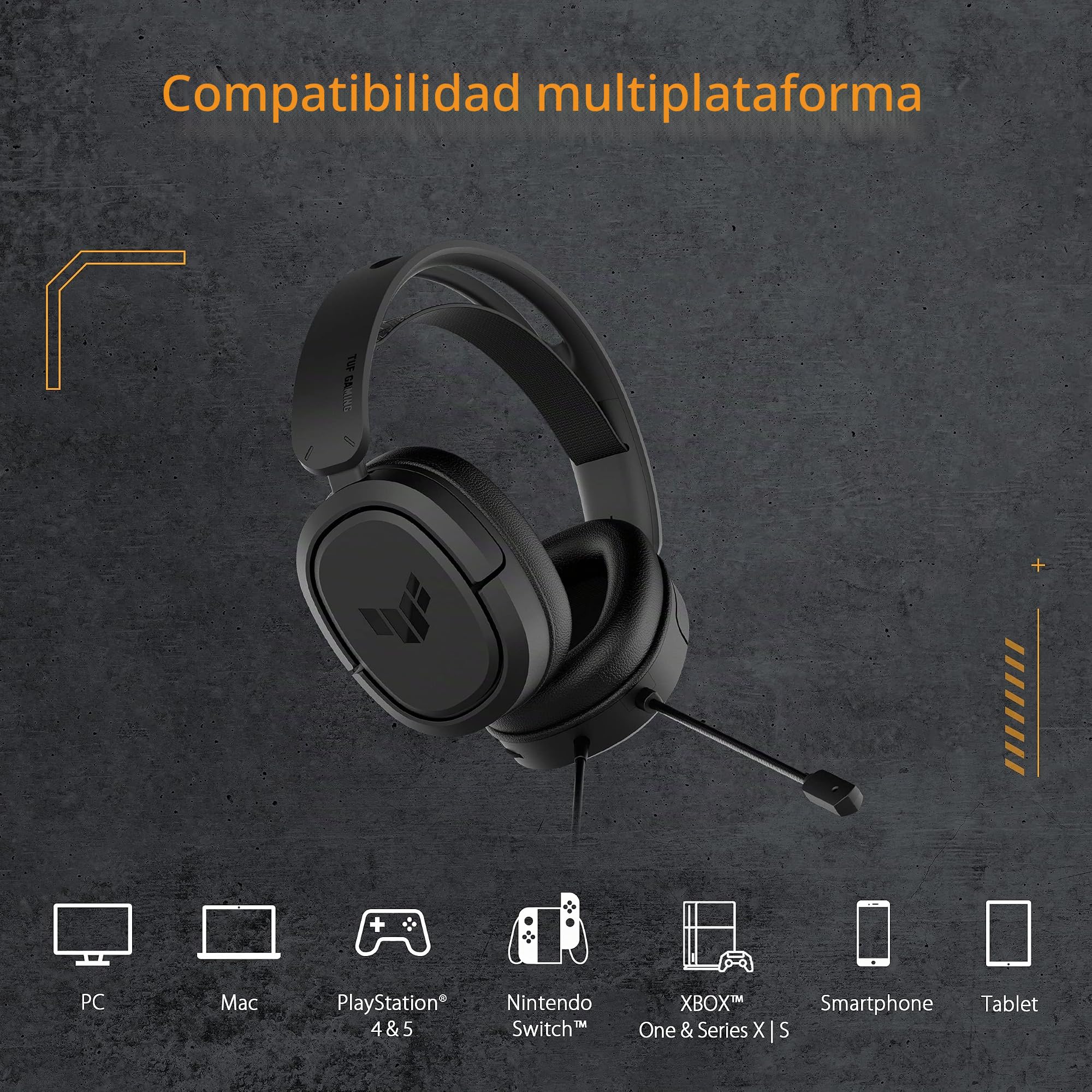 ASUS TUF Gaming H1 - Auriculares Gaming (Sonido envolvente 7.1, graves potentes, micrófono compatible con Discord y TeamSpeak, diseño cómodo y ligero y compatibilidad con PC, PS5, Switch y XBOX) Negro