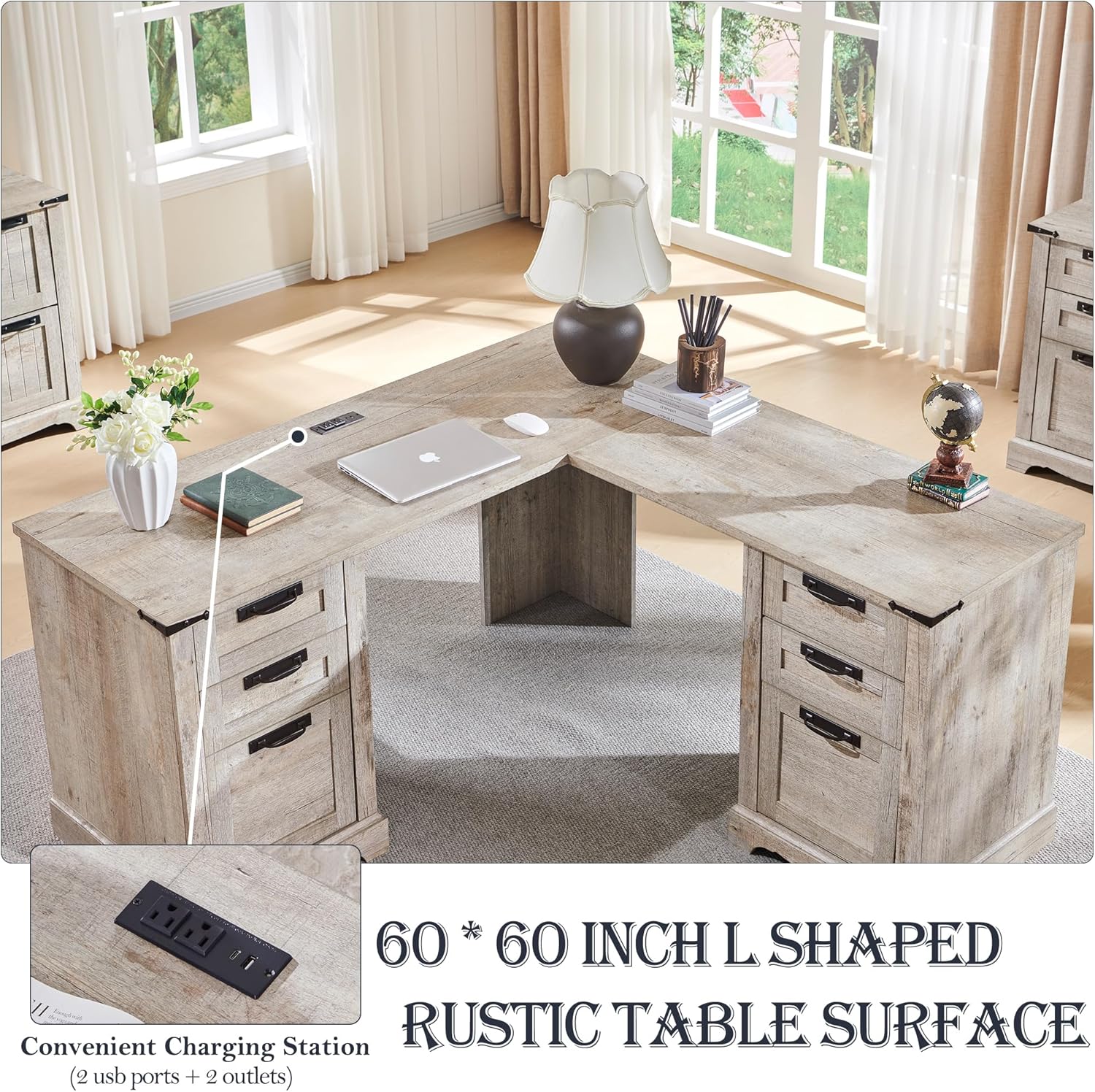 Overhead view of the L-shaped desk showing its 60x60 inch dimensions and a laptop, books, and decorative items on the surface.