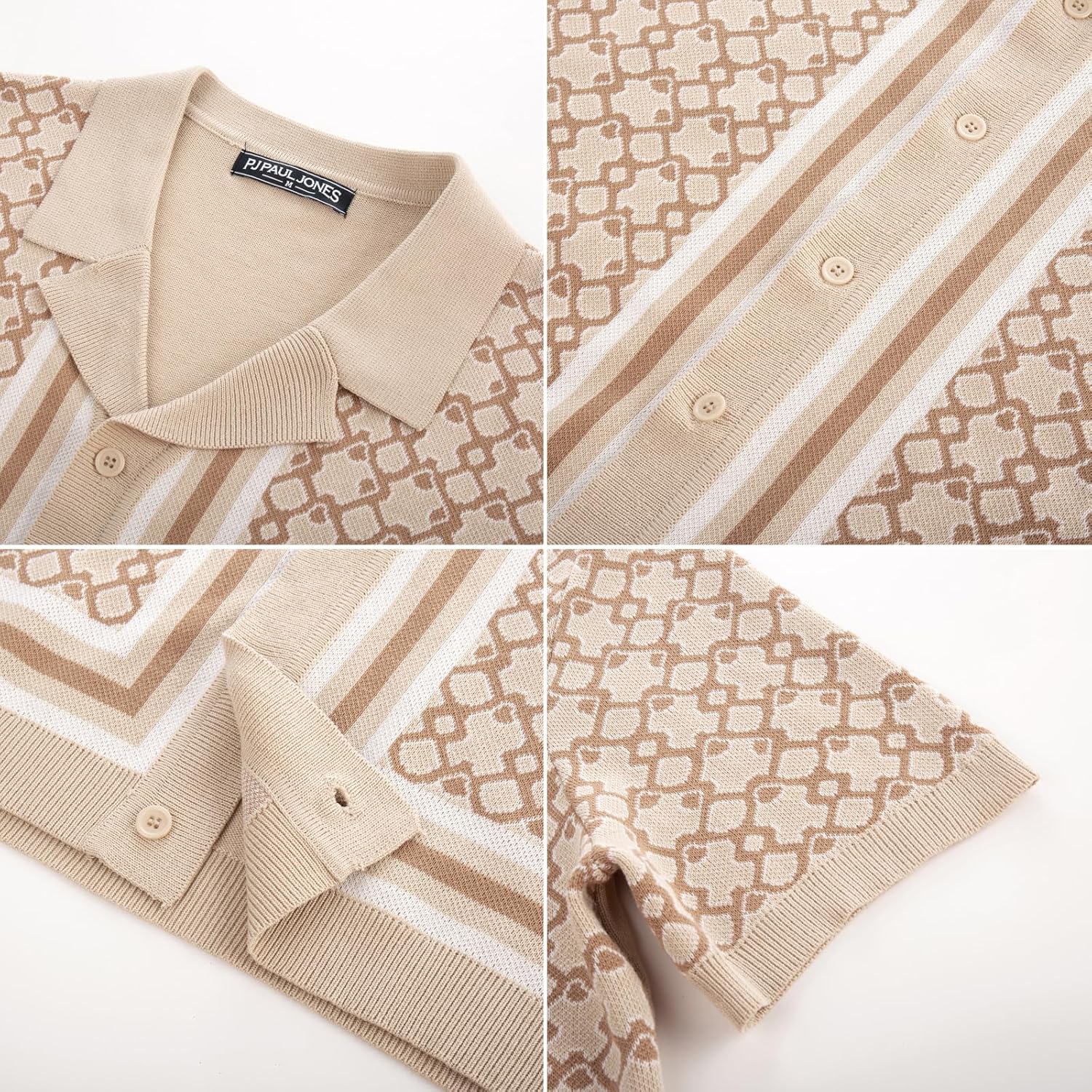 PJ PAUL JONES Men's Vintage Button Down Cuban Collar Knitted Polo Shirt - Image 4