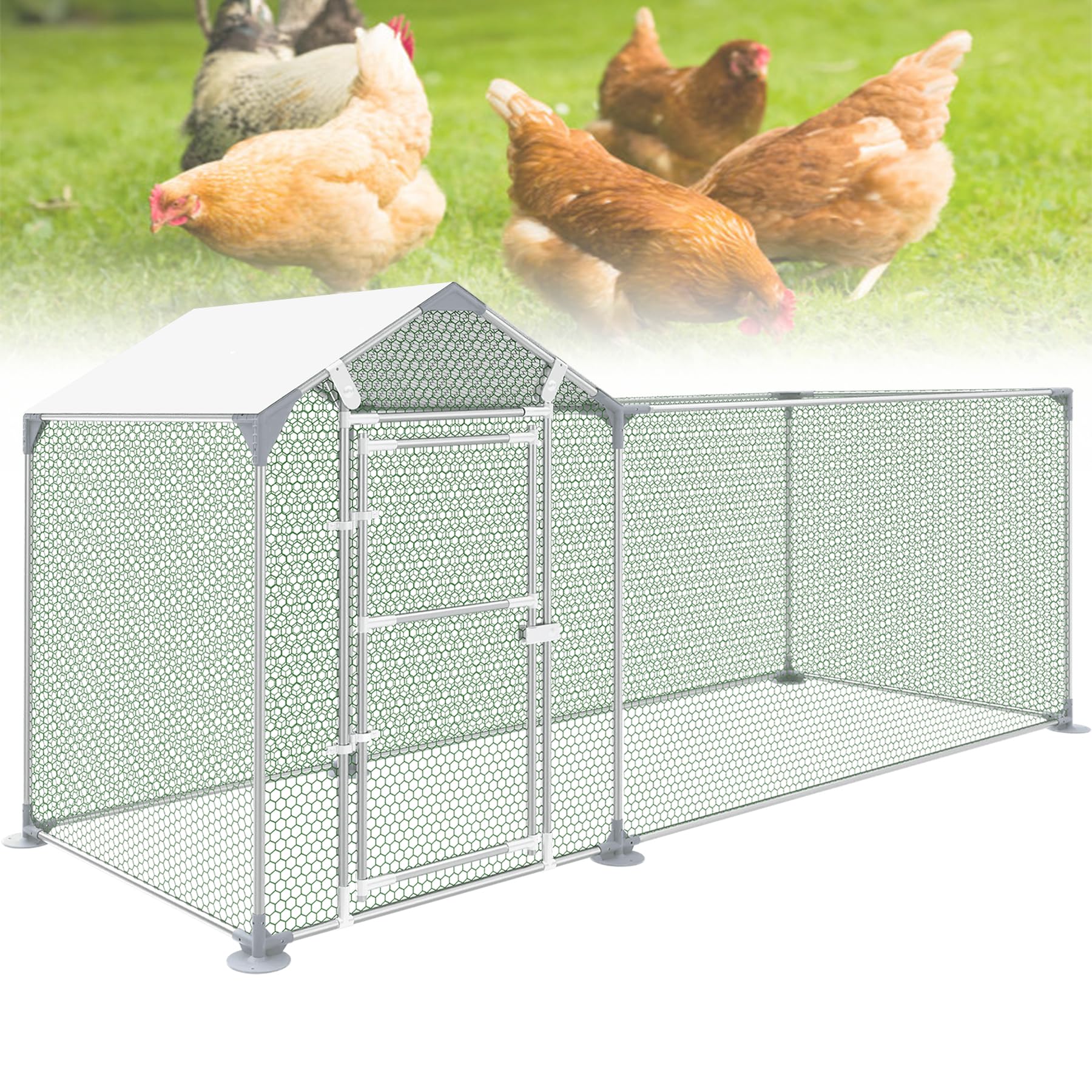 Gallinero de acero galvanizado, 3 x 1 x 1,5 m, con protección solar, techo, jaula para gallinas, cercado para gallinas, jaulas de aves de corral para gallinas, animales pequeños, aves de