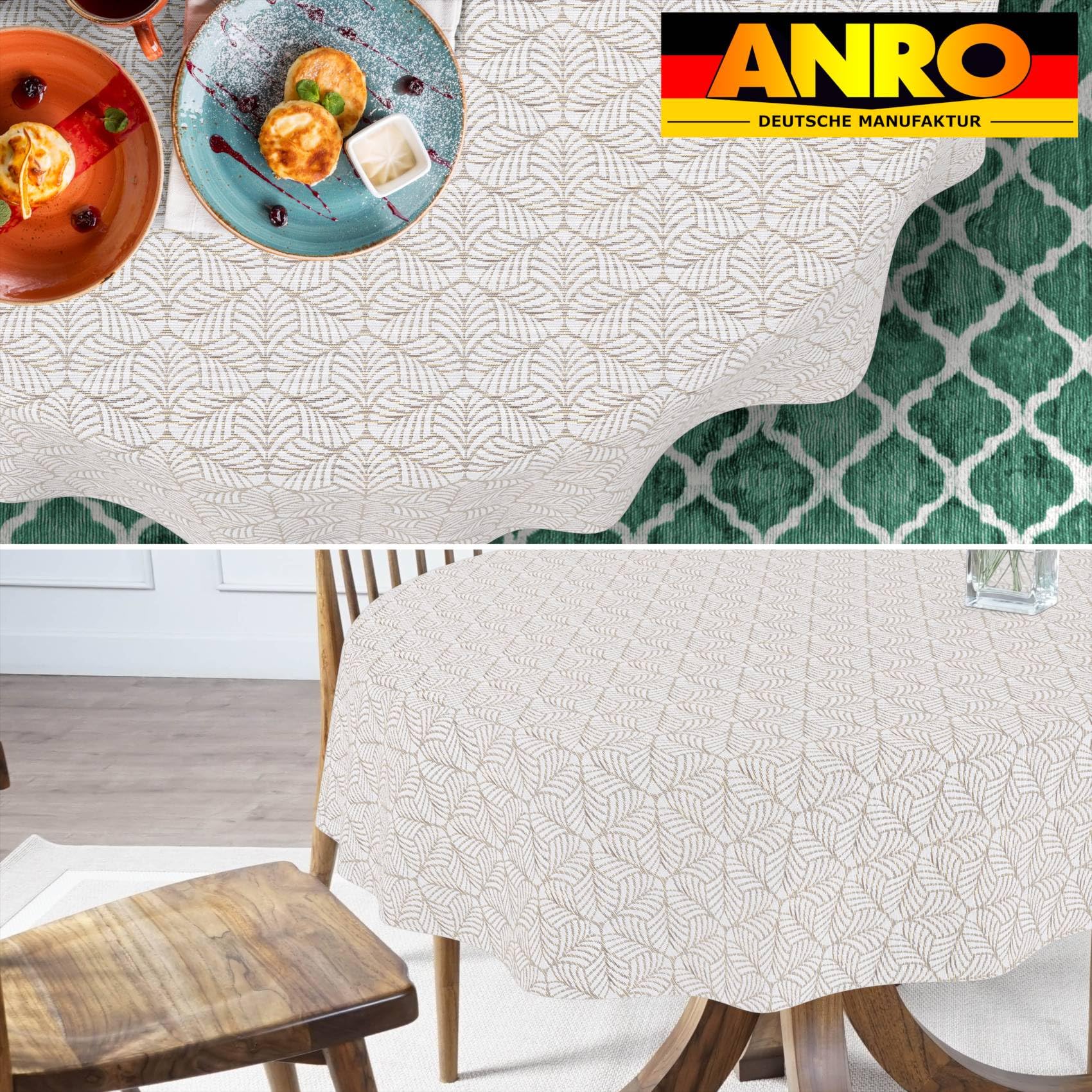 Tischdecke Stoff abwaschbar Lurex Tischtuch Tafeldecke Teflon beschichtet pflegeleicht Lotuseffekt schmutz- & wasserabweisend NATA Blätter Oval 180x140cm Schnittkante Gold