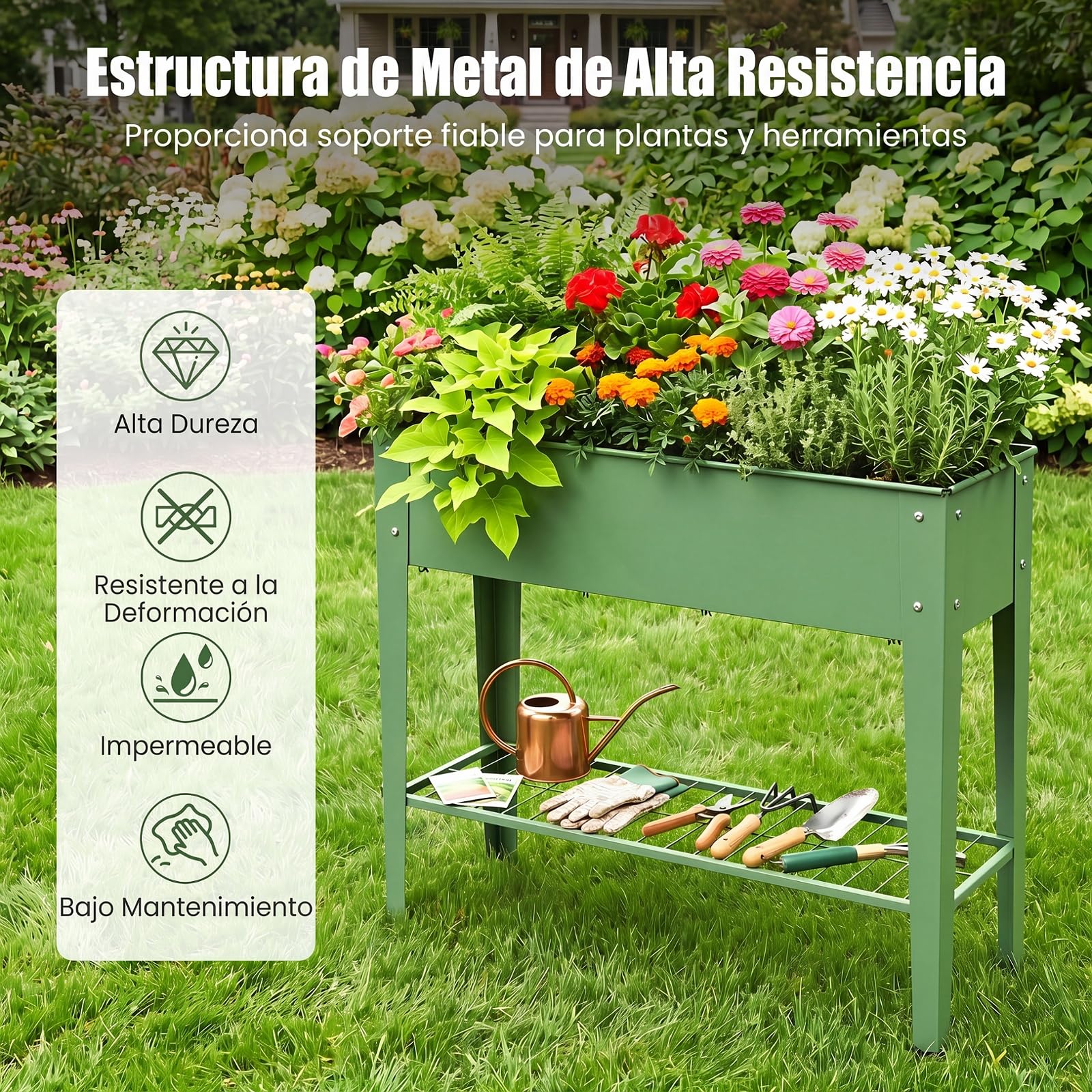 COSTWAY Huerto Urbano de Metal, Jardinera Elevada con Estanta de Almacenamiento de Malla, Agujero de Drenaje, Raised Garden Bed para Terraza Patio Jardín, 95 x 31 x 80 cm, Verde