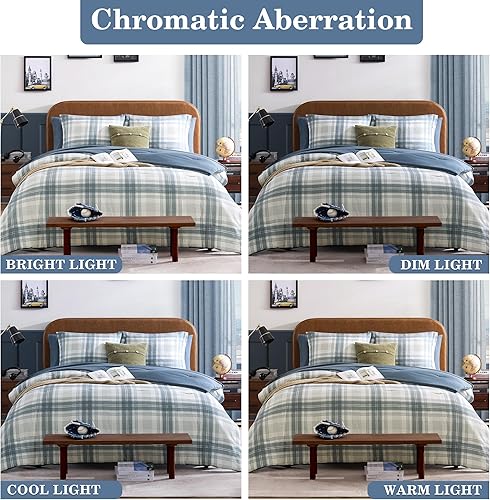 Miniatura 6 de Juego de edredón de tamaño matrimonial, juego de ropa de cama a cuadros azules y grises de 7 piezas para niños, niñas y adolescentes, juego de