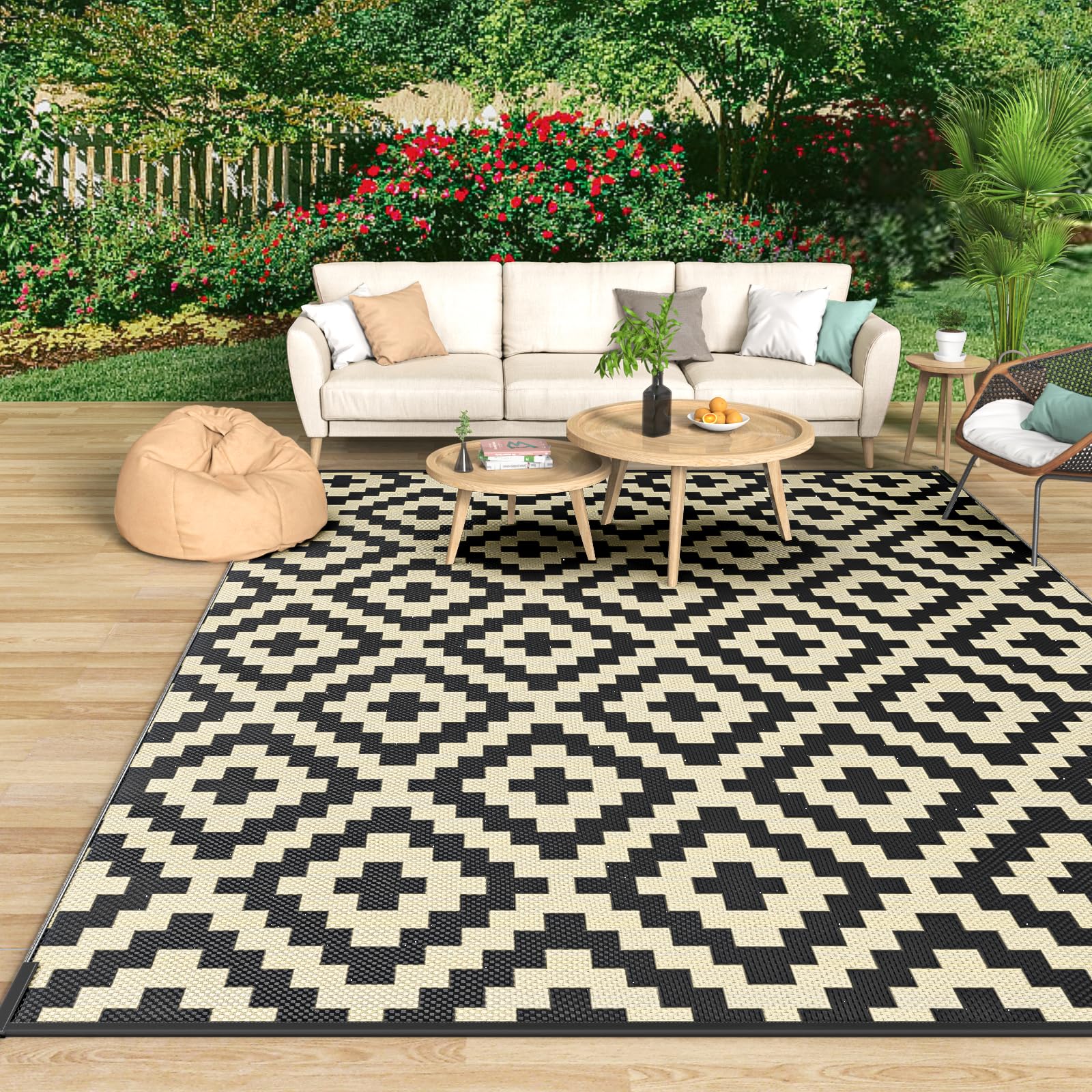 MOKANI Outdoor Teppich Wetterfest, Kunststoff Stroh/Plastik Reversible Matte UV-beständig Camping Patio Wasserdichter Außenbereich für Balkon Terrasse Pinic