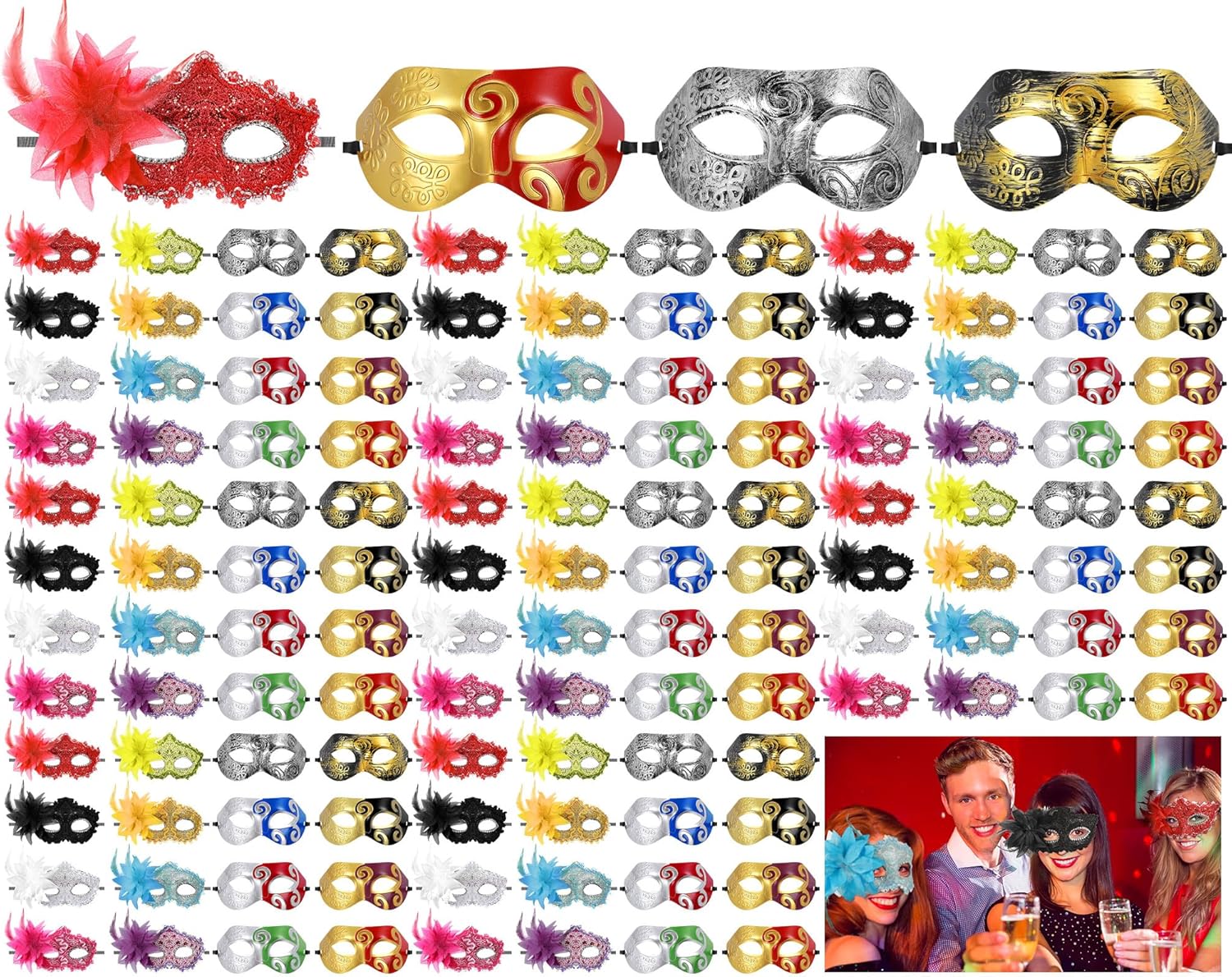 Sratte Mardi Gras Couple Masquerade Mask with Feather Flower Unisex Half Face Venetian Mask for Carnival Parade Valentine