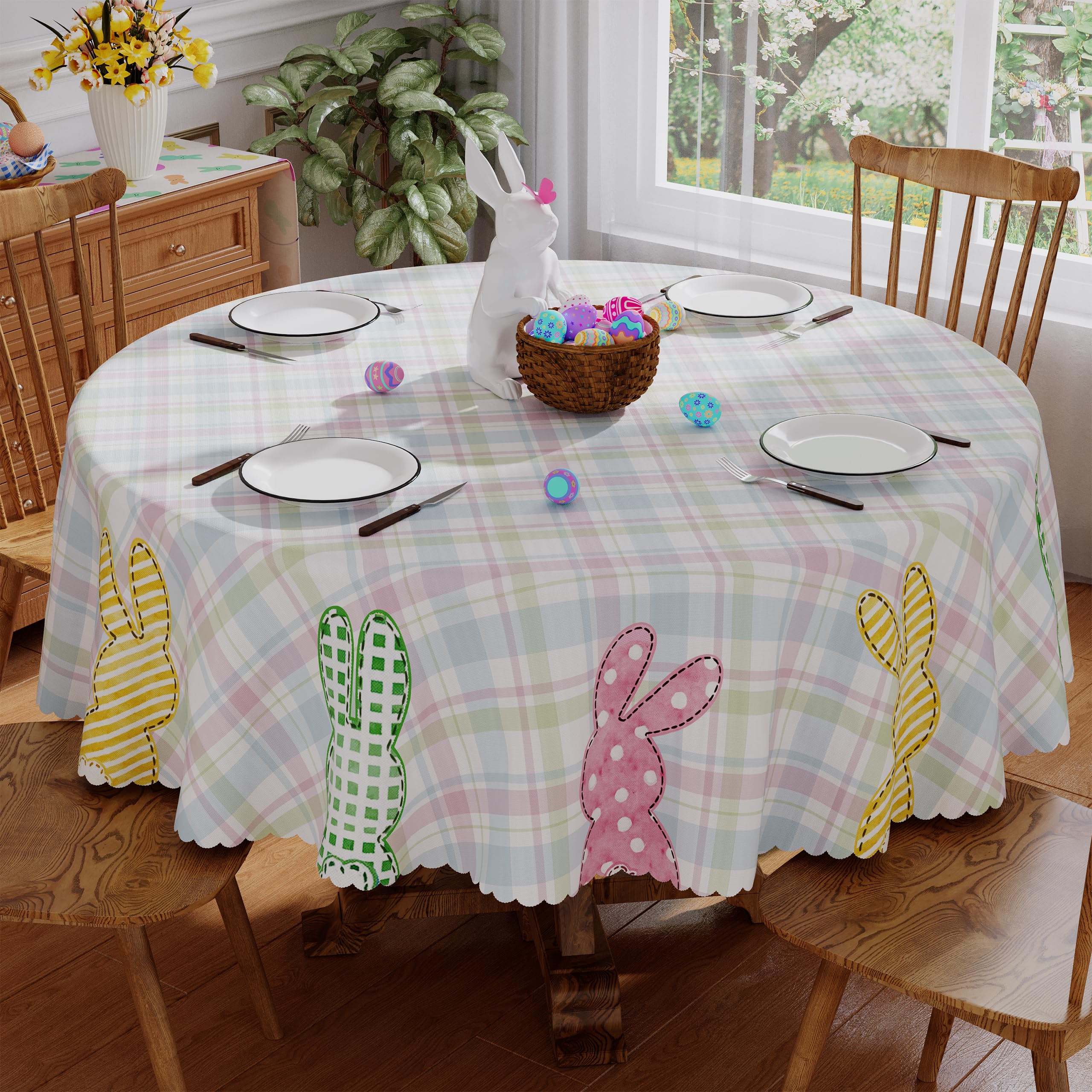Siilues Round Easter Tablecloth 70x70 Inch, Washable Colorful Plaid Bunny Easter Table Cloth Seasonal Spring Waterproof Scalloped Edge Fabric Home