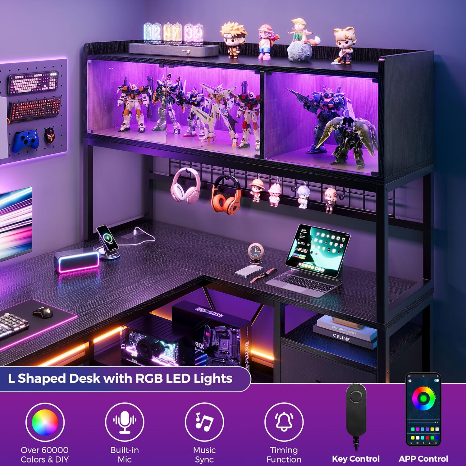Image showing the LED-lit display cabinet with various color options and controls for the RGB LED lights, including key control and app control.