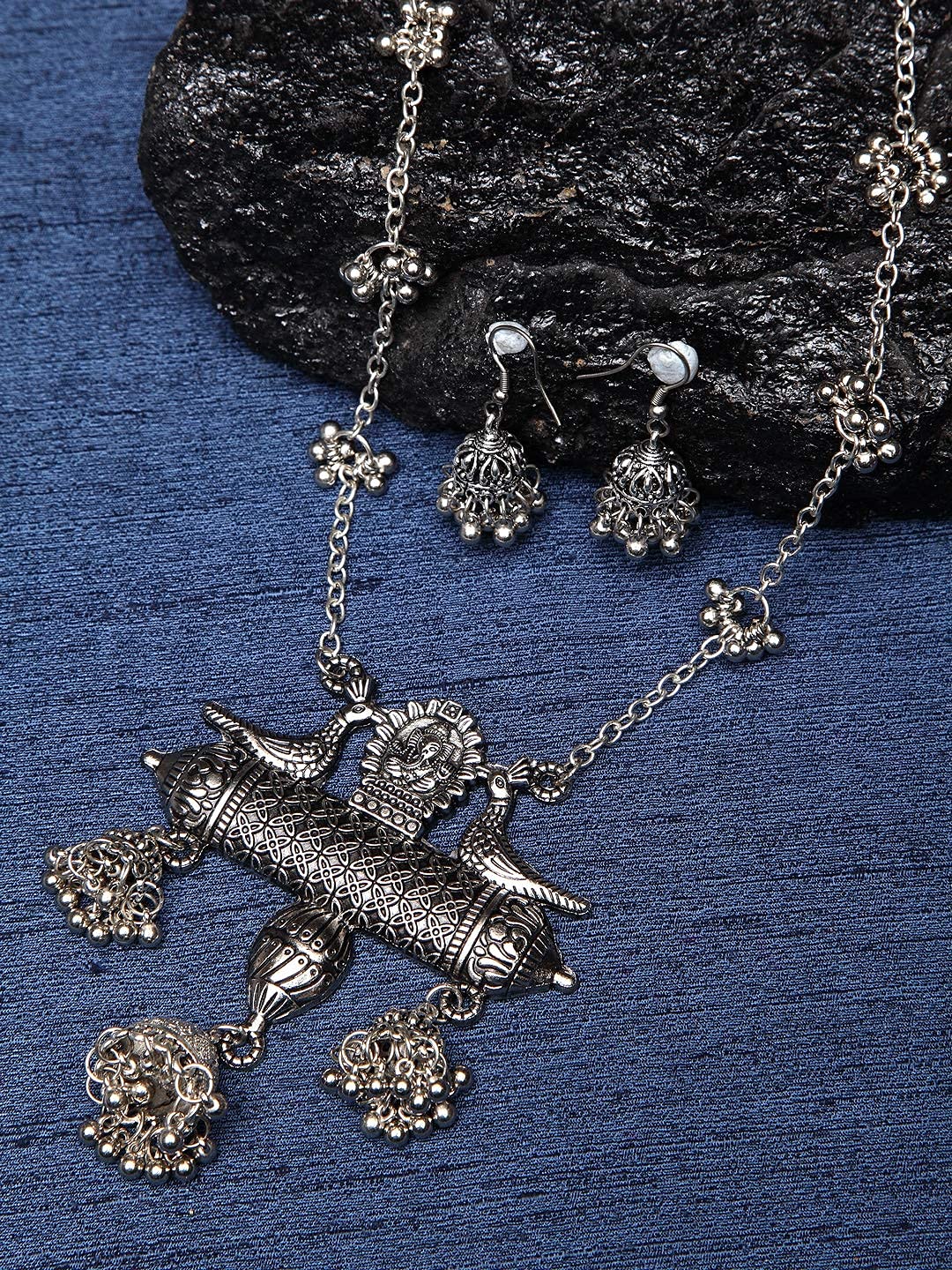 Oxidised Long Chain Pendant Earrings Set