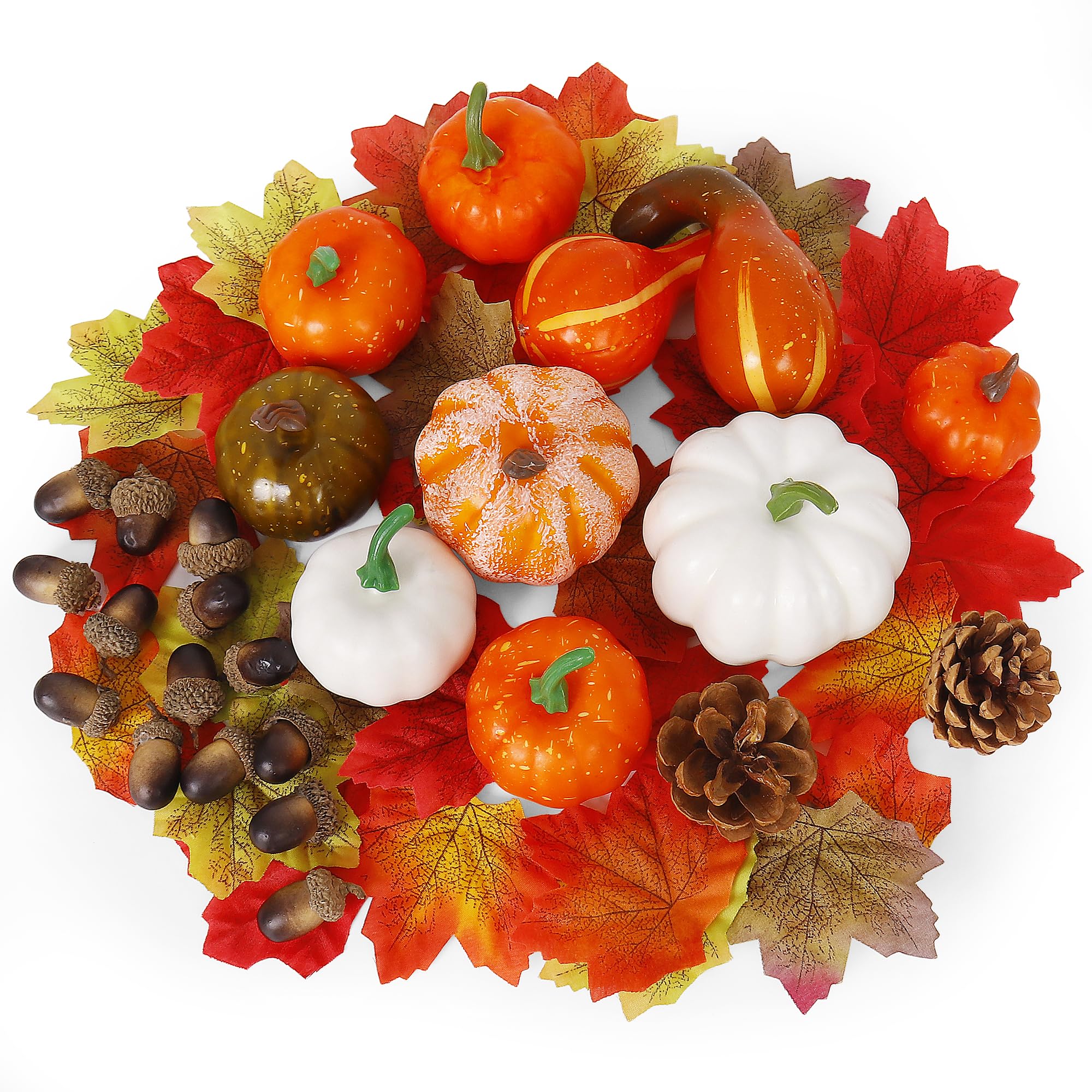 Popest 126Pcs Thanksgiving Artificial Pumpkins Fall Decorations for Home, 100 Leaves, 14 Acorns, 10 Fake Pumpkins, 2 Pinecones, Harvest Farmhouse Table Tiered Tray Set Halloween, Tabletop, Home Decor