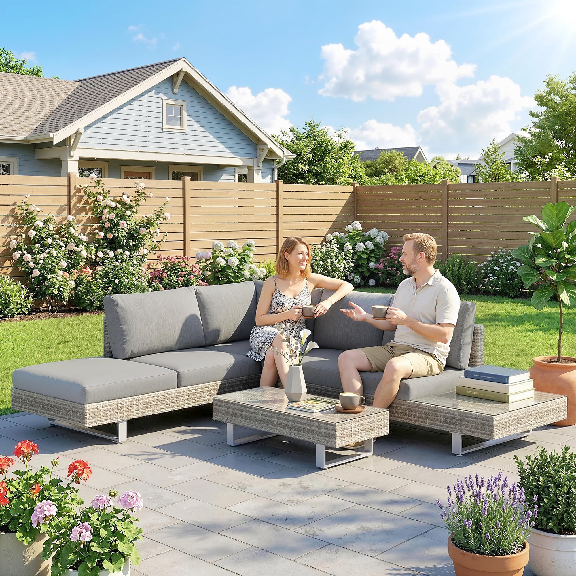 Outsunny Conjunto de Muebles Ratán de 3 Piezas Mesa de Centro Sofá Doble y Sofá de 3 Plazas con Cojines Extraíbles para Exterior Jardín Terraza Patio Acero Gris