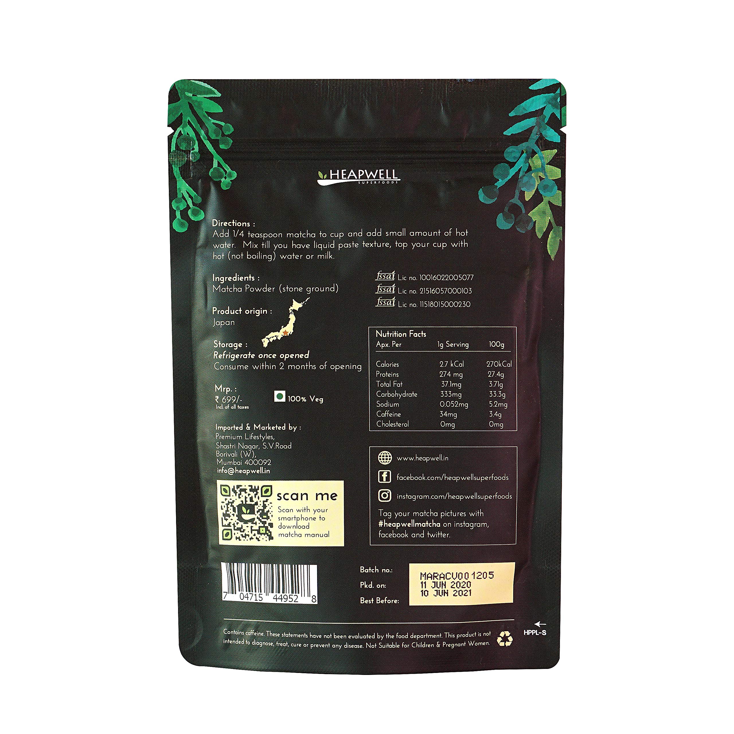 Heapwell Superfoods Japanese Matcha Green Tea Powder, 50g (50 Serving