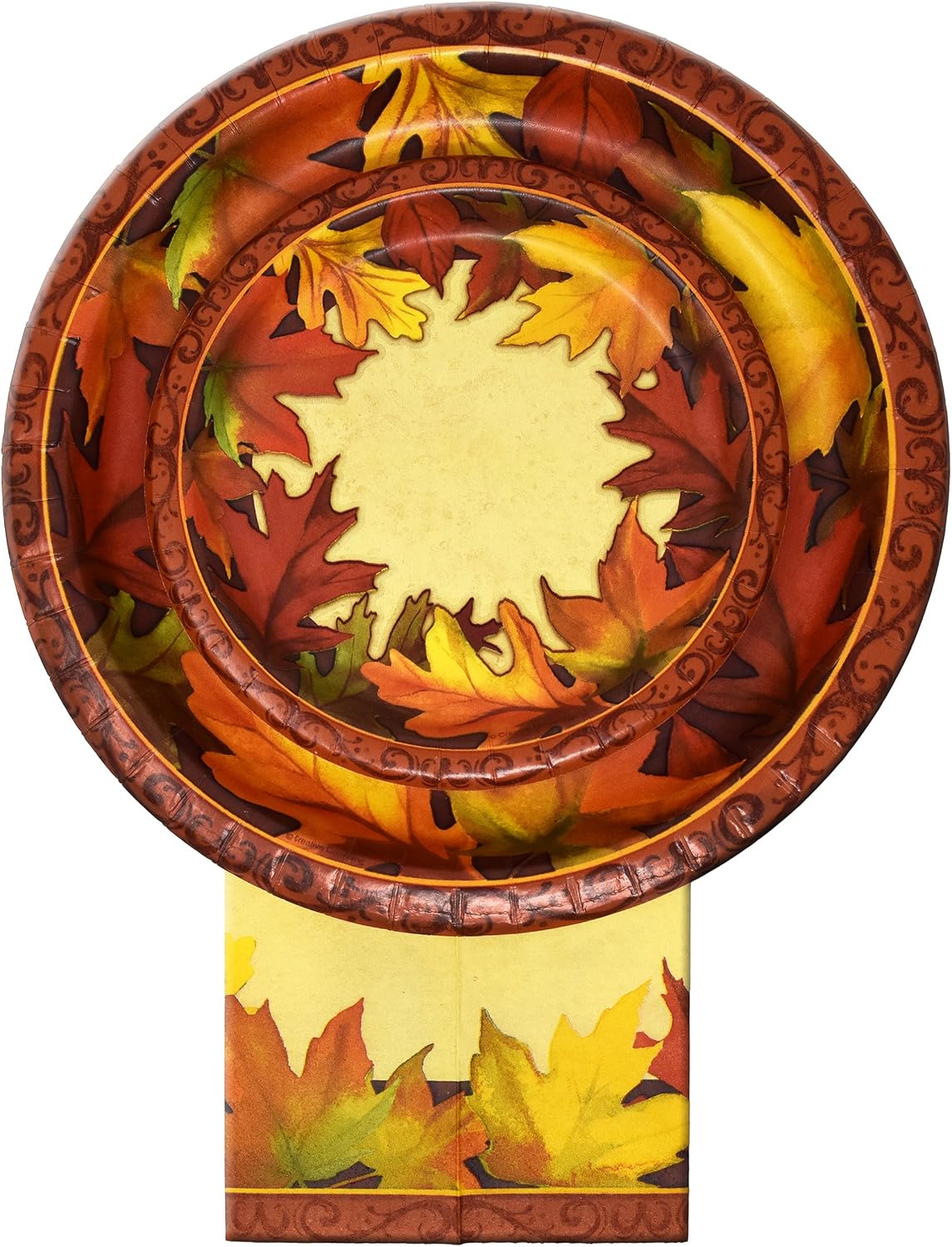 Thanksgiving Paper Plates and Napkins Set for 50 Guests includes 50 10" Dinner Plates 50 7" Dessert Plates 50 Luncheon Napkins for Fall Leaves Autumn Red Orange Tableware Party Supplies Kit Decoration
