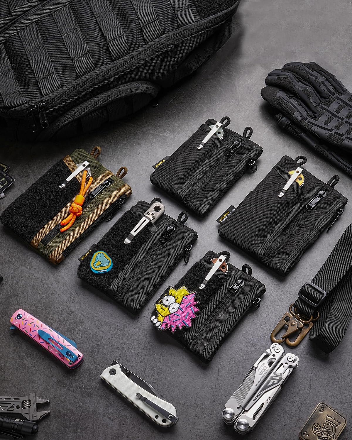 VIPERADE VE18N-M EDC Pouch, Pocket Wallet with 3 EDC Slots+2 Zipper Pockets, 1 Large Pocket for Notebook or Cellphone, Slim EDC Pocket Organizer for Men (Black)
