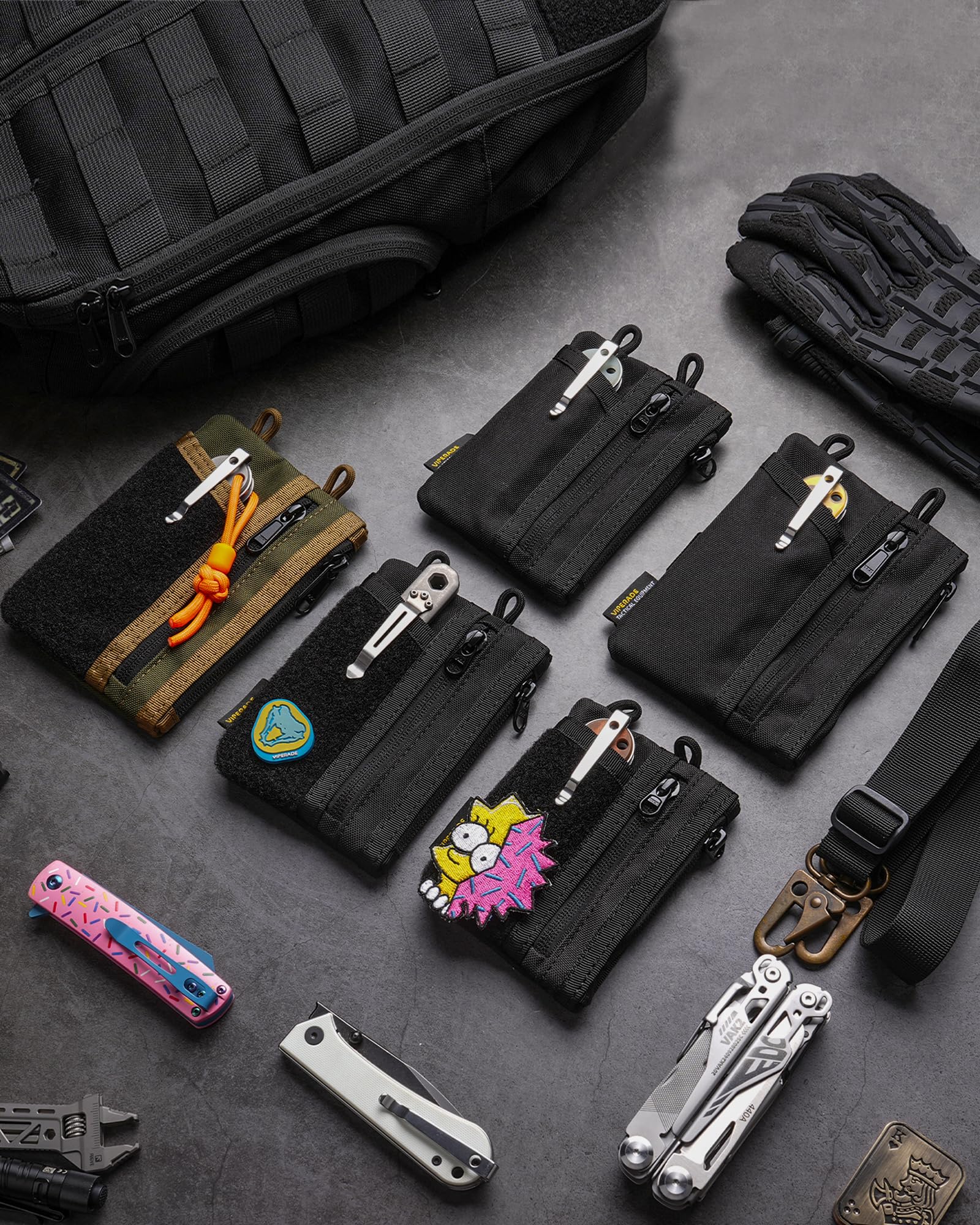 VIPERADE VE18N-M Pochette EDC, portefeuille de poche avec 3 emplacements EDC + 2 poches zippées, 1 grande poche pour ordinateur portable ou téléphone portable, organiseur de poche EDC fin pour homme
