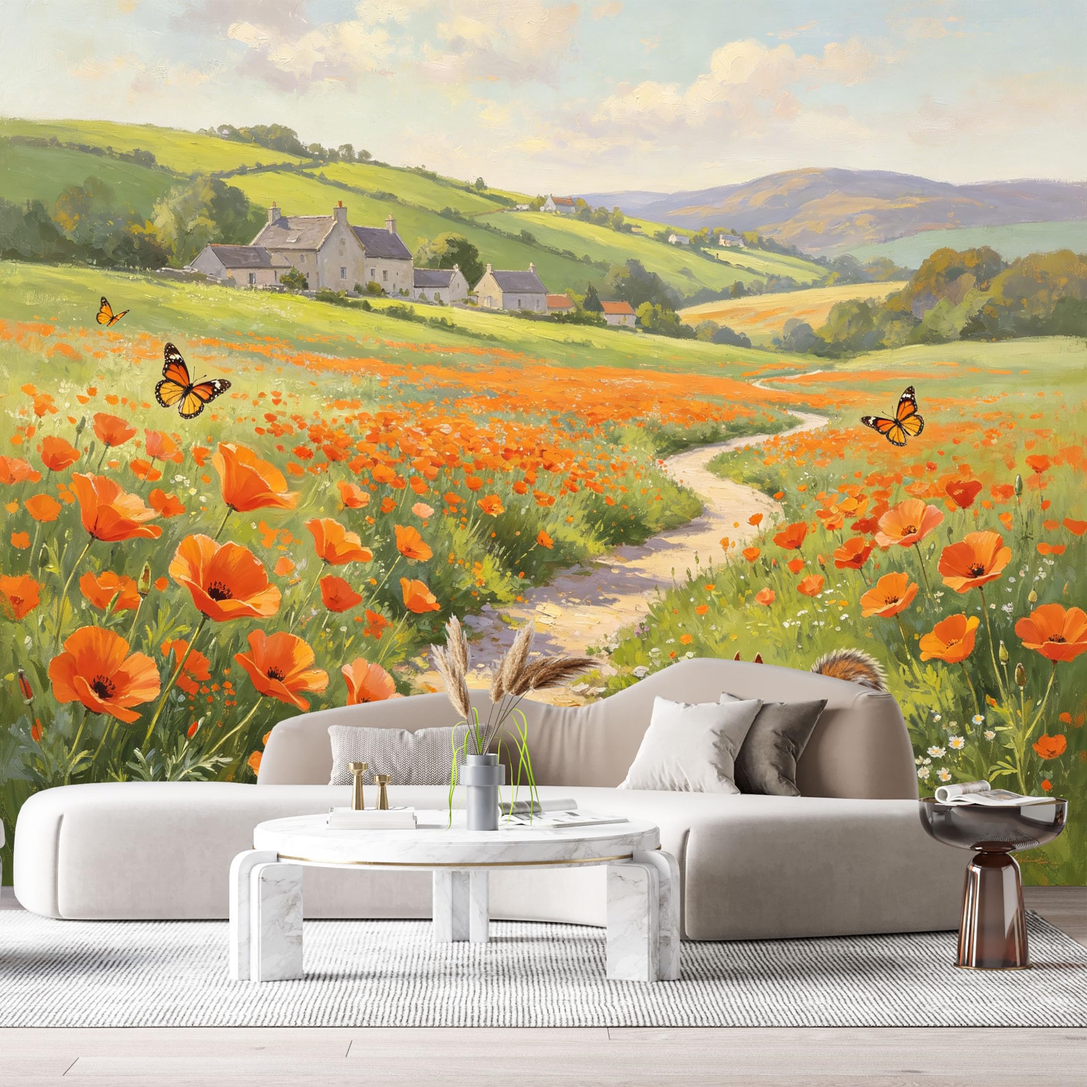 Custom Size Wall Murals Farmhouse American Country Oil Painting Rolling Hills Path Squirrel Butterfly SelfAdhesive Wall Fabric Removable Large Wallpaper for Photo Living Room