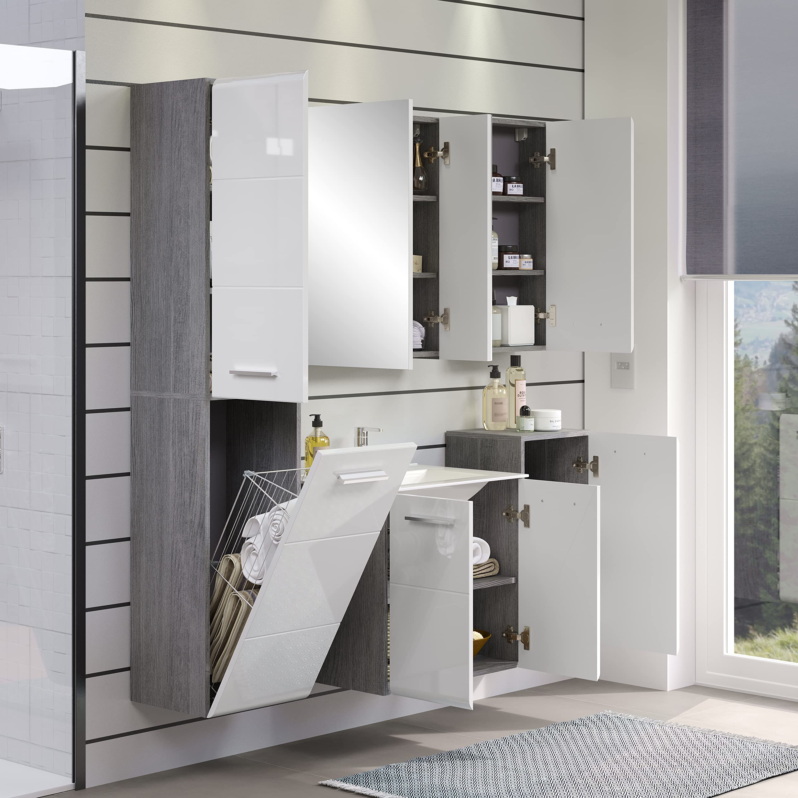 trendteam smart living - Riva - Kommode - Weiß Hochglanz/Grau - Hängeunterschrank mit abgerundeter Tür - (BxHxT) 35 x 68 x 33 cm - mit chromfarbenem Griff - Tür links oder rechts montierbar