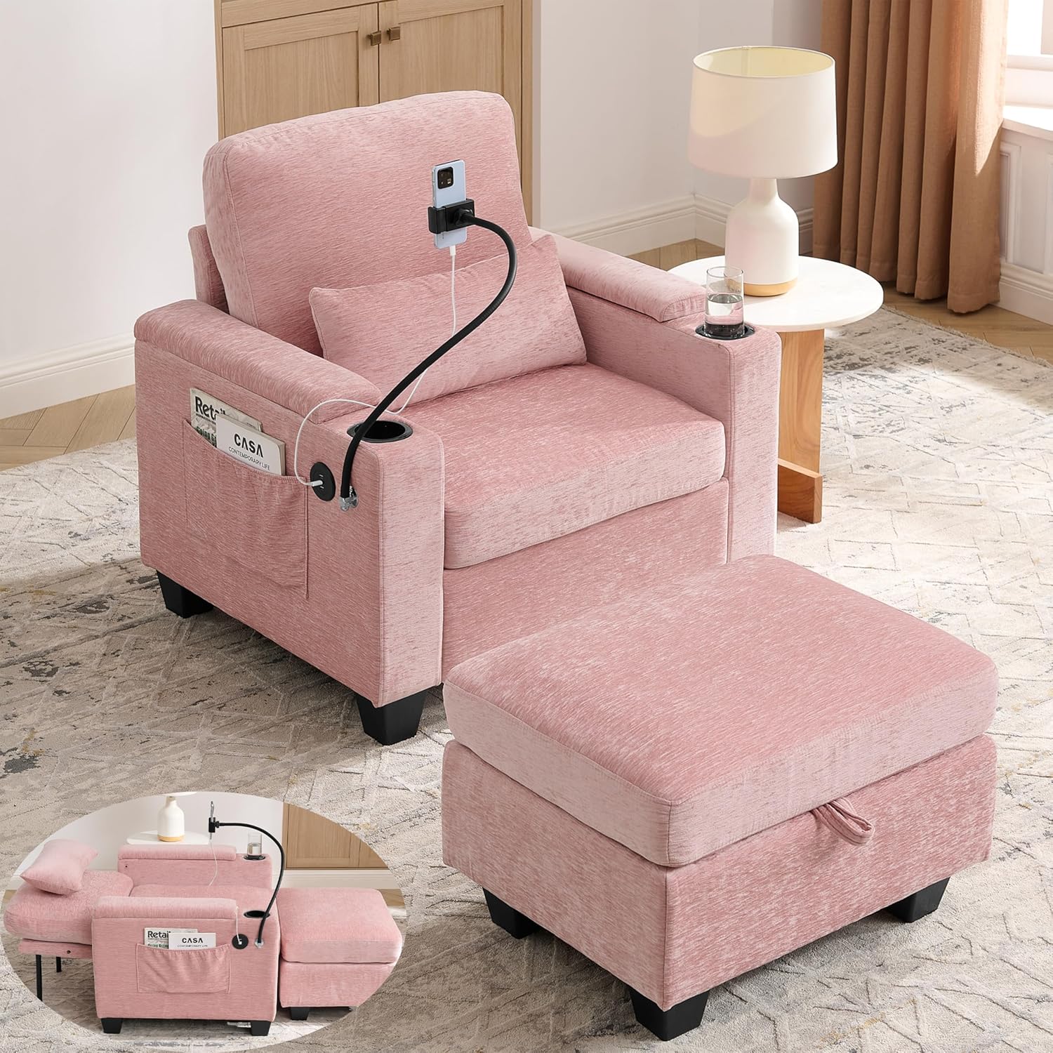 ERYE Accent Chair and Storage Ottoman Set, Versatile Single Chaise Lounge Convertible Sleeper Bed W/Reclining Backrest,Storage Armrests,Phone Stand,Cupholders,USB-C Ports