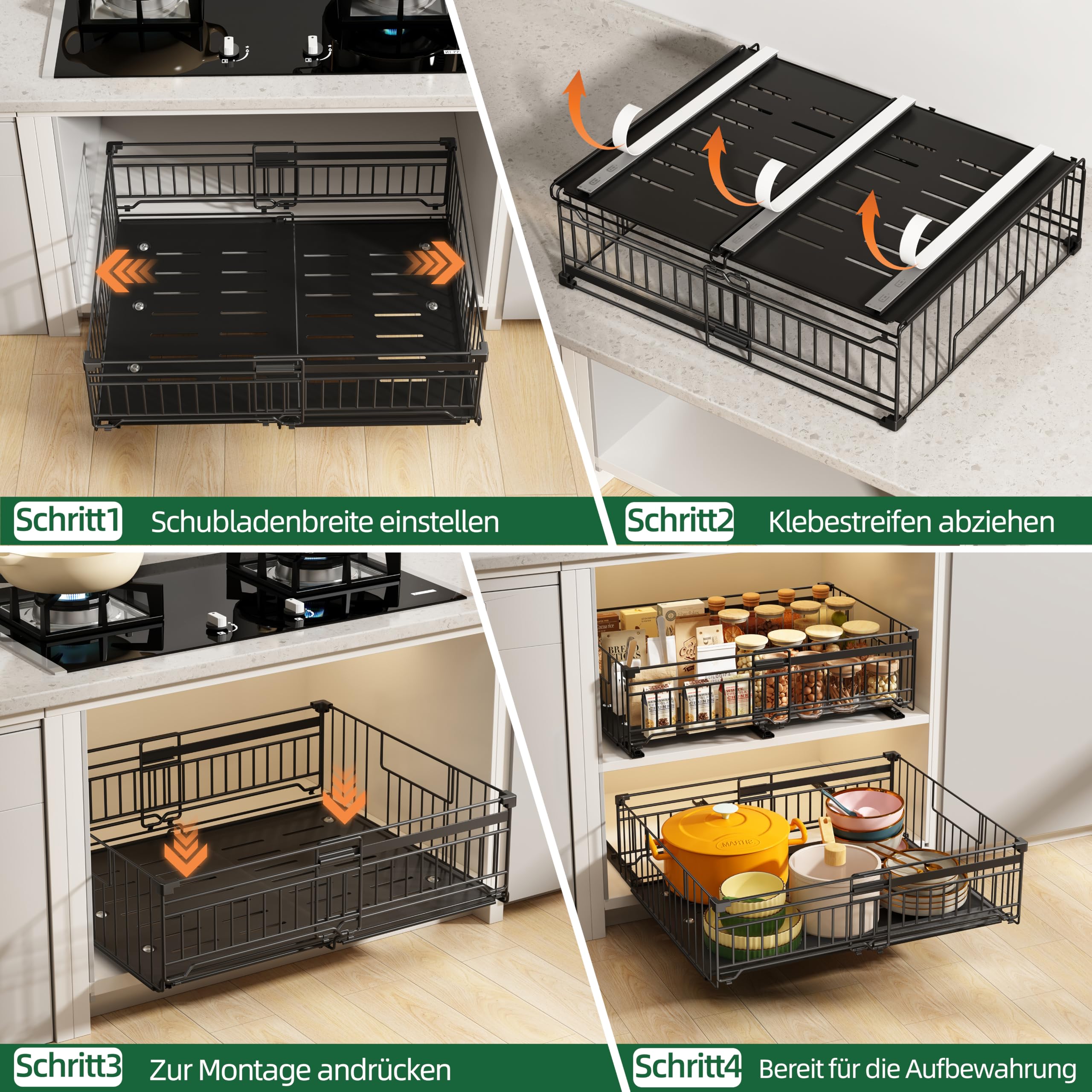 NETEL 2 Stück teleskopschublade ausziehbare schublade küche,schrank organizer,ausziehbare schrankkörbe,Schwarz,33-51W x 42D x 18H CM