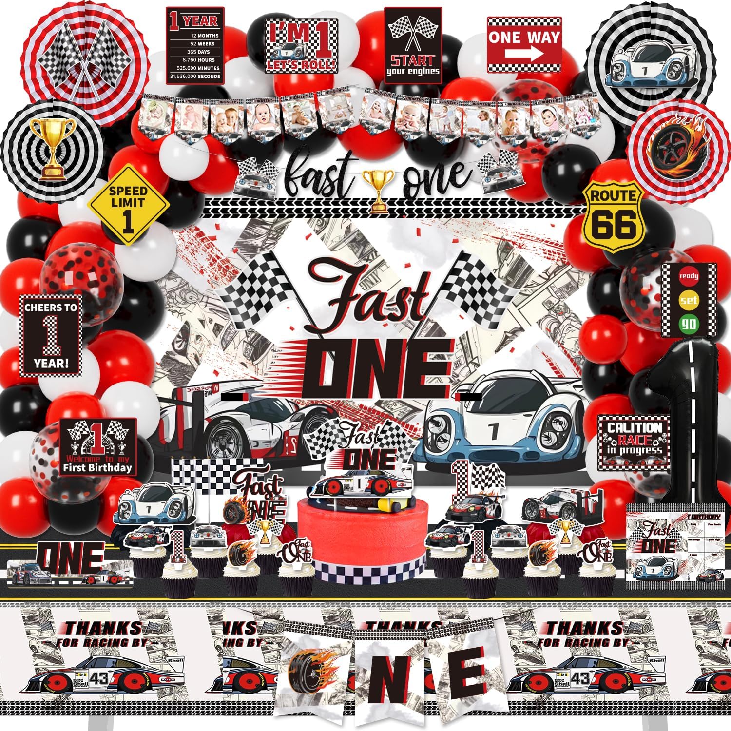 KOTLMIGHT Fast One Birthday Decorations for Boys, 1st Race Car Theme Party Decor Supplies for Baby - Backdrop, Photo Banner, Tablecloth, Fast One Centerpieces, Flags, Fans Pompoms, Wall Signs
